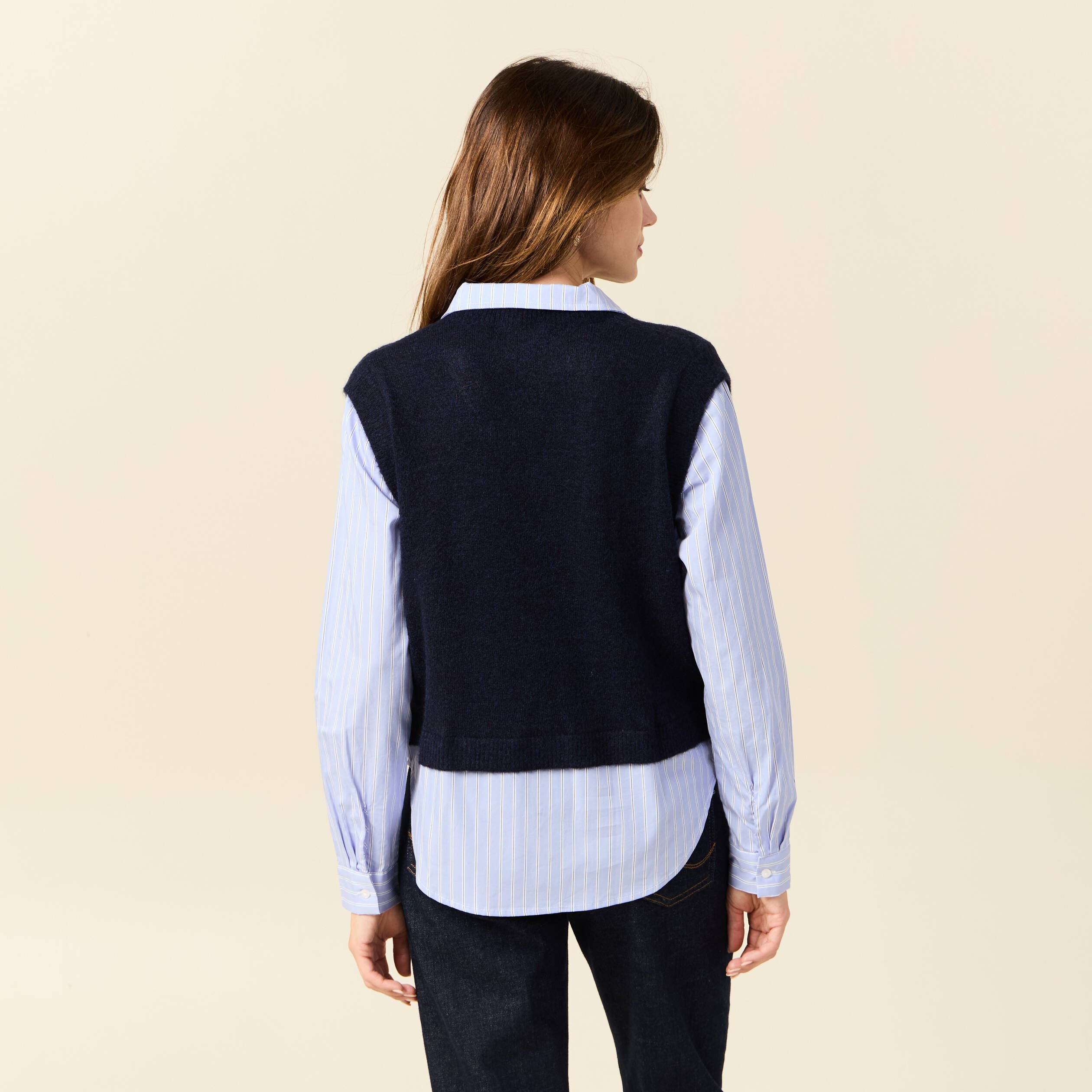 pull 2 en 1 eco responsable bleu marine femme Pull 2-en-1 éco-responsable bleu marine femme