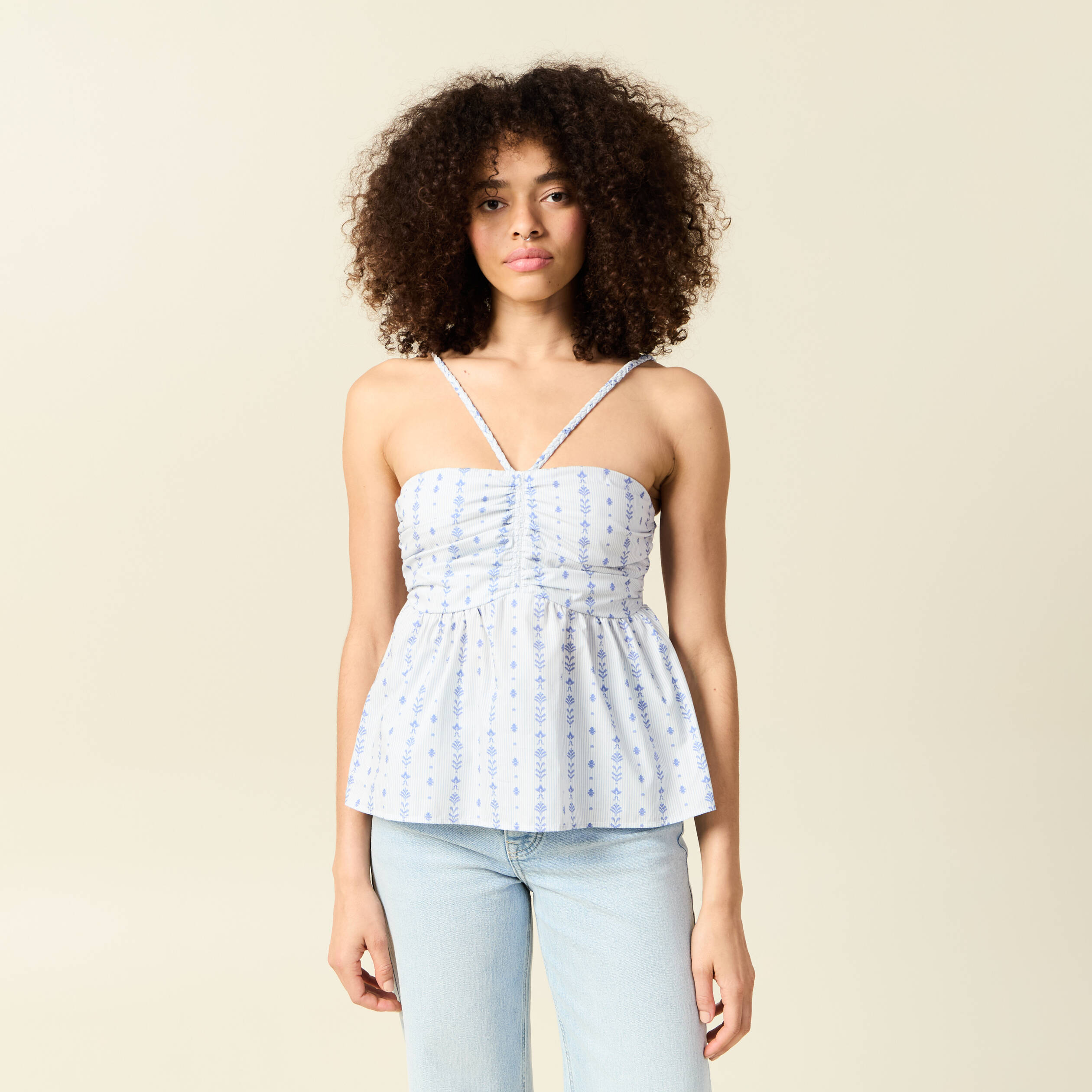 top col droit a bretelles en coton bleu clair femme Top col droit à bretelles en coton bleu clair femme