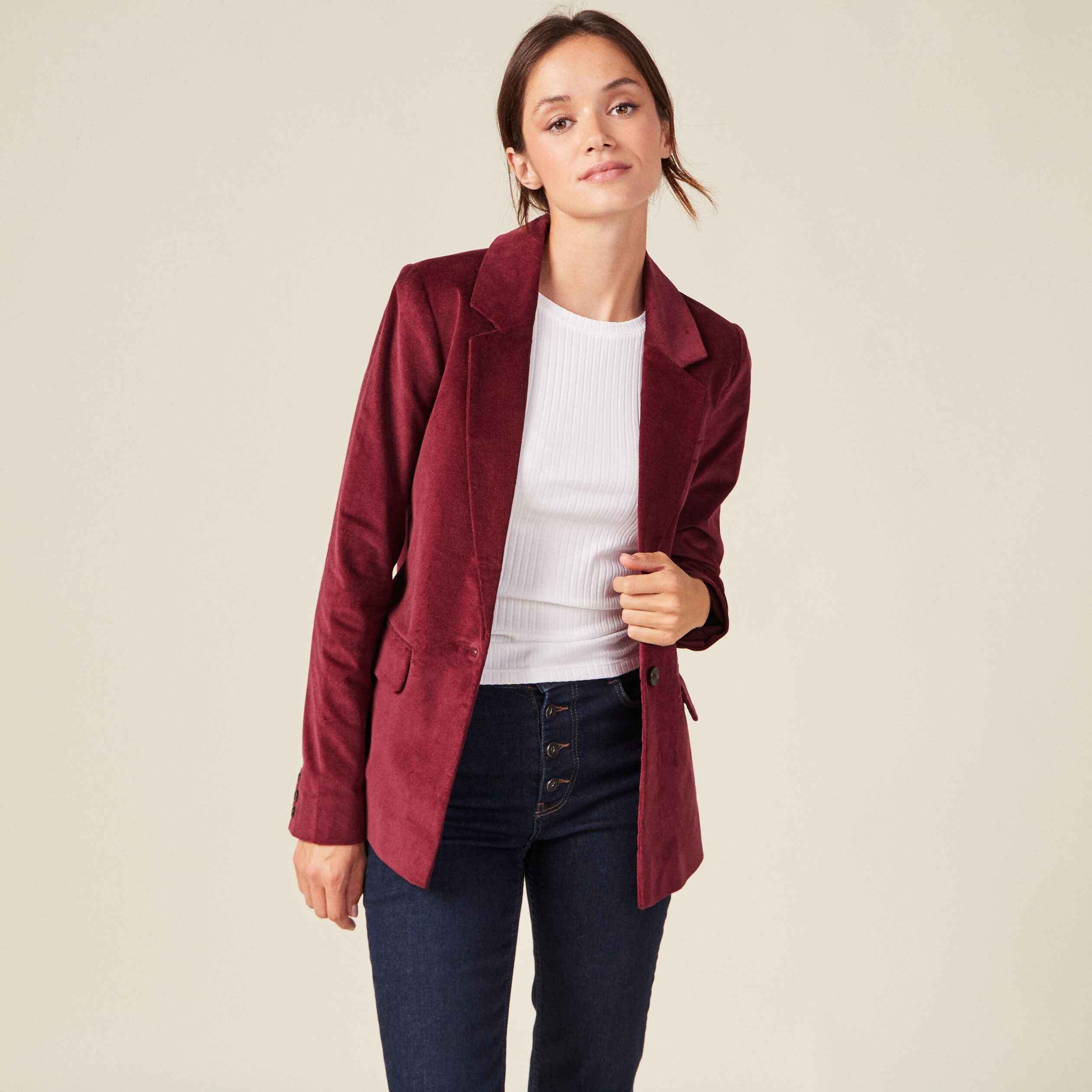 Veste blazer ajustée velours prune femme