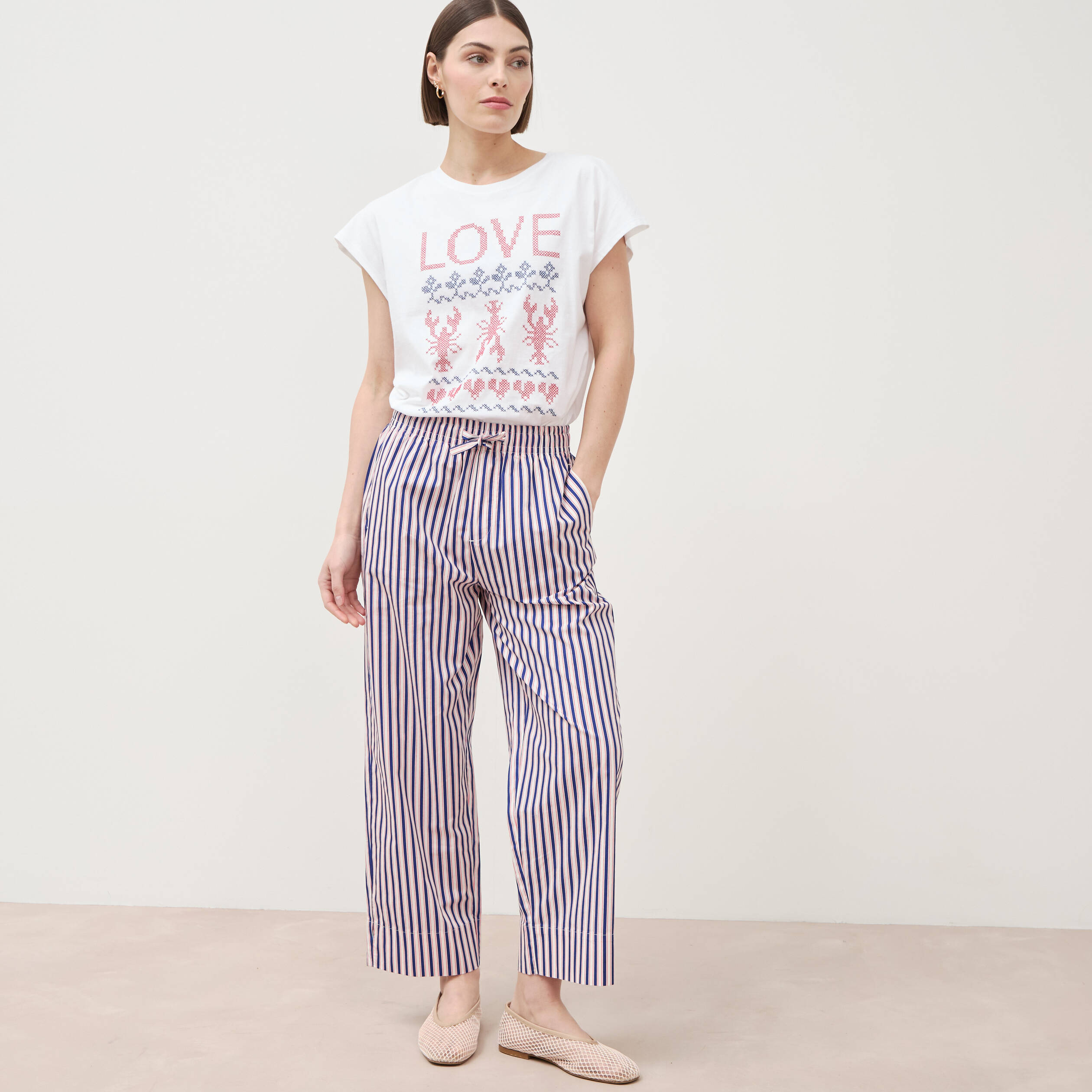 Pantalon large taille haute en coton blanc femme