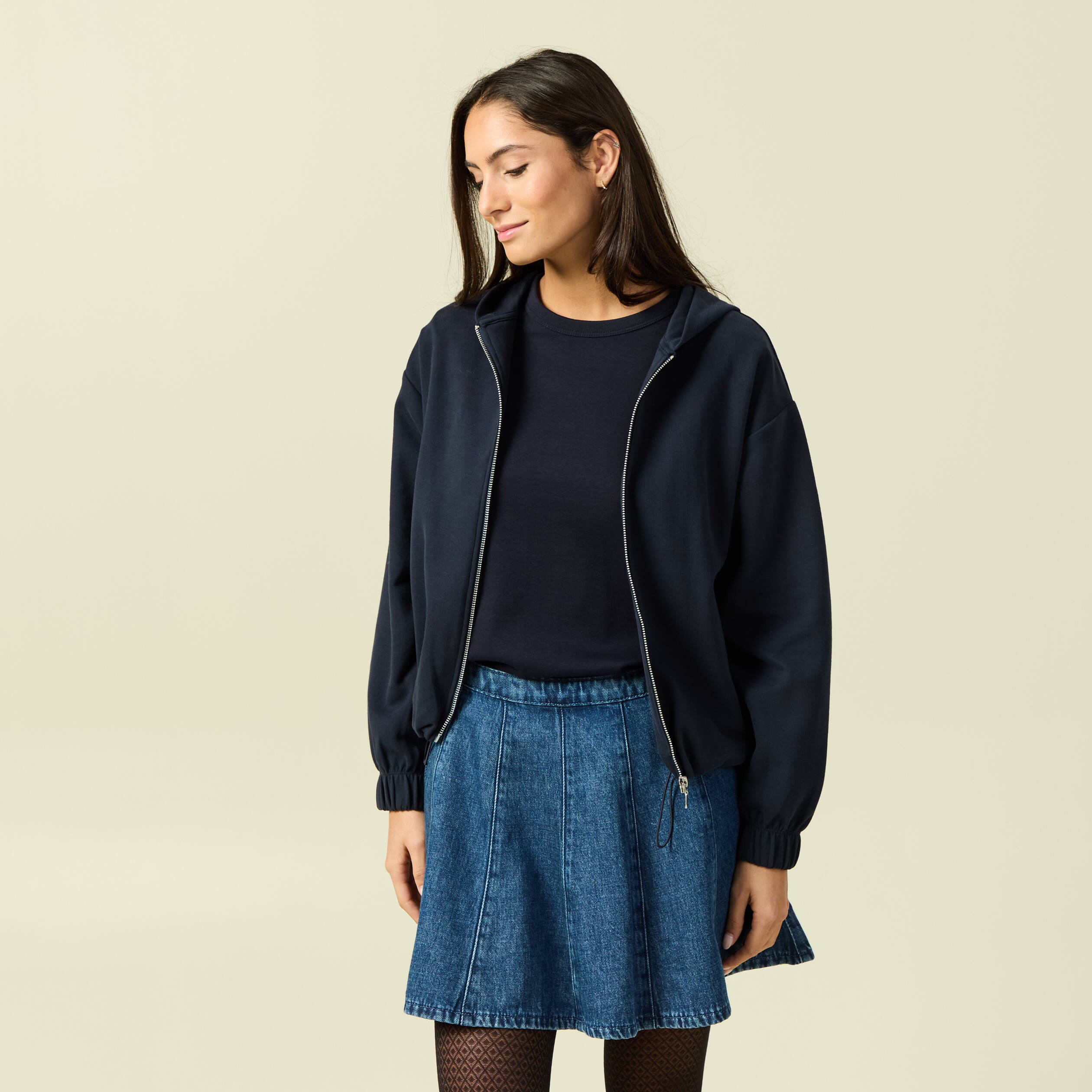 Sweat &agrave; capuche manches longues doubl&eacute; bleu marine femme