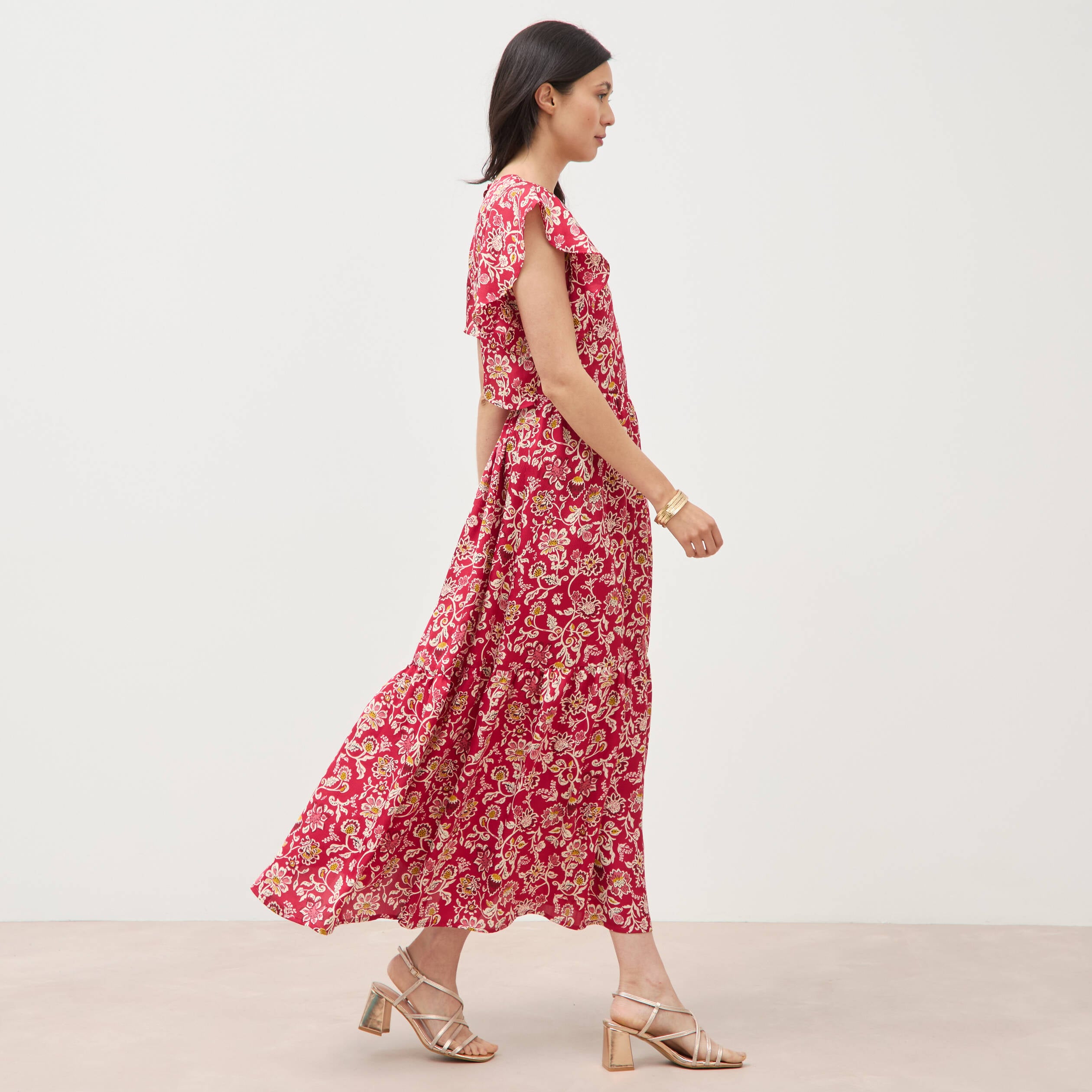 Robe fluide col v manches courtes rouge cerise femme
