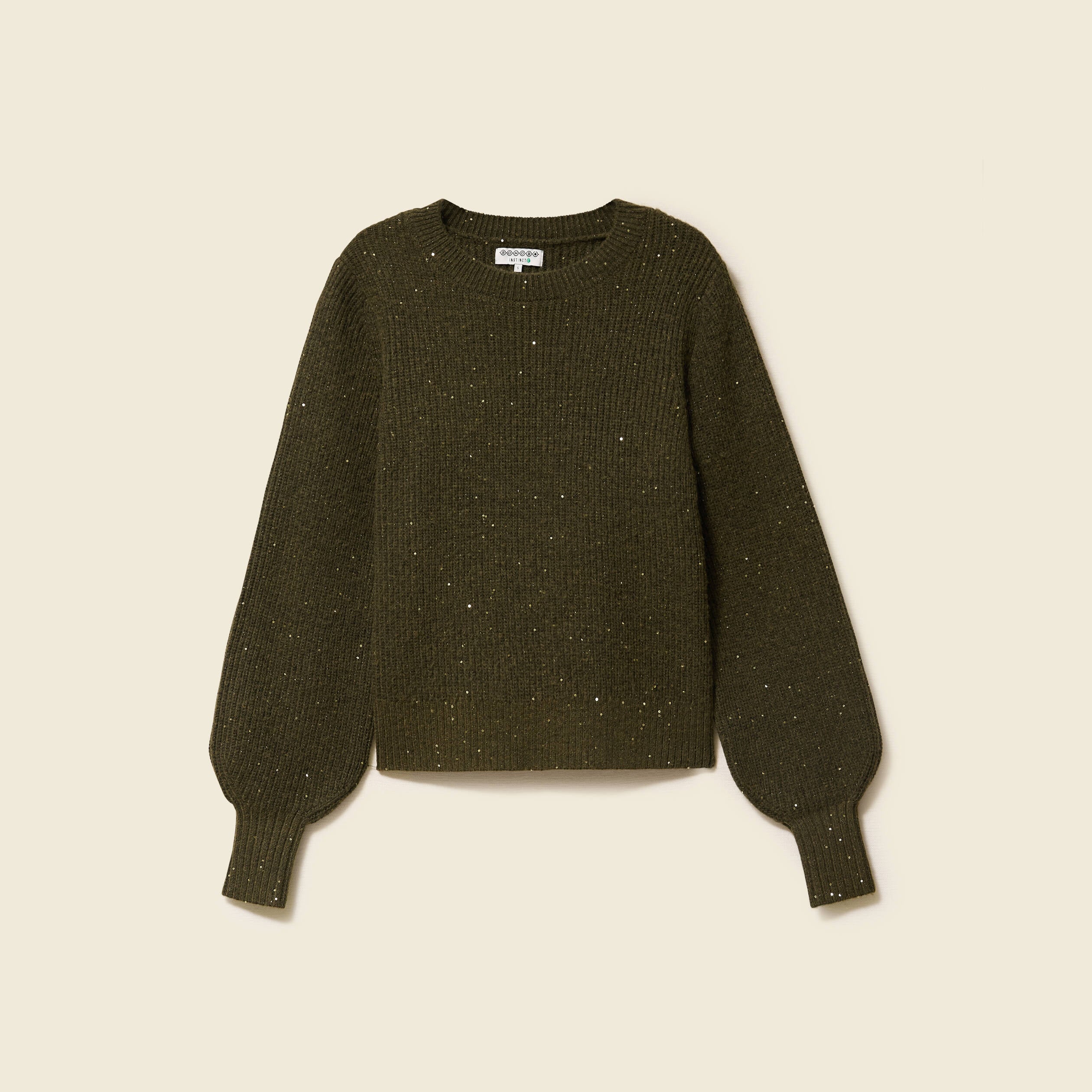 Pull manches longues col rond &agrave; sequins vert kaki femme