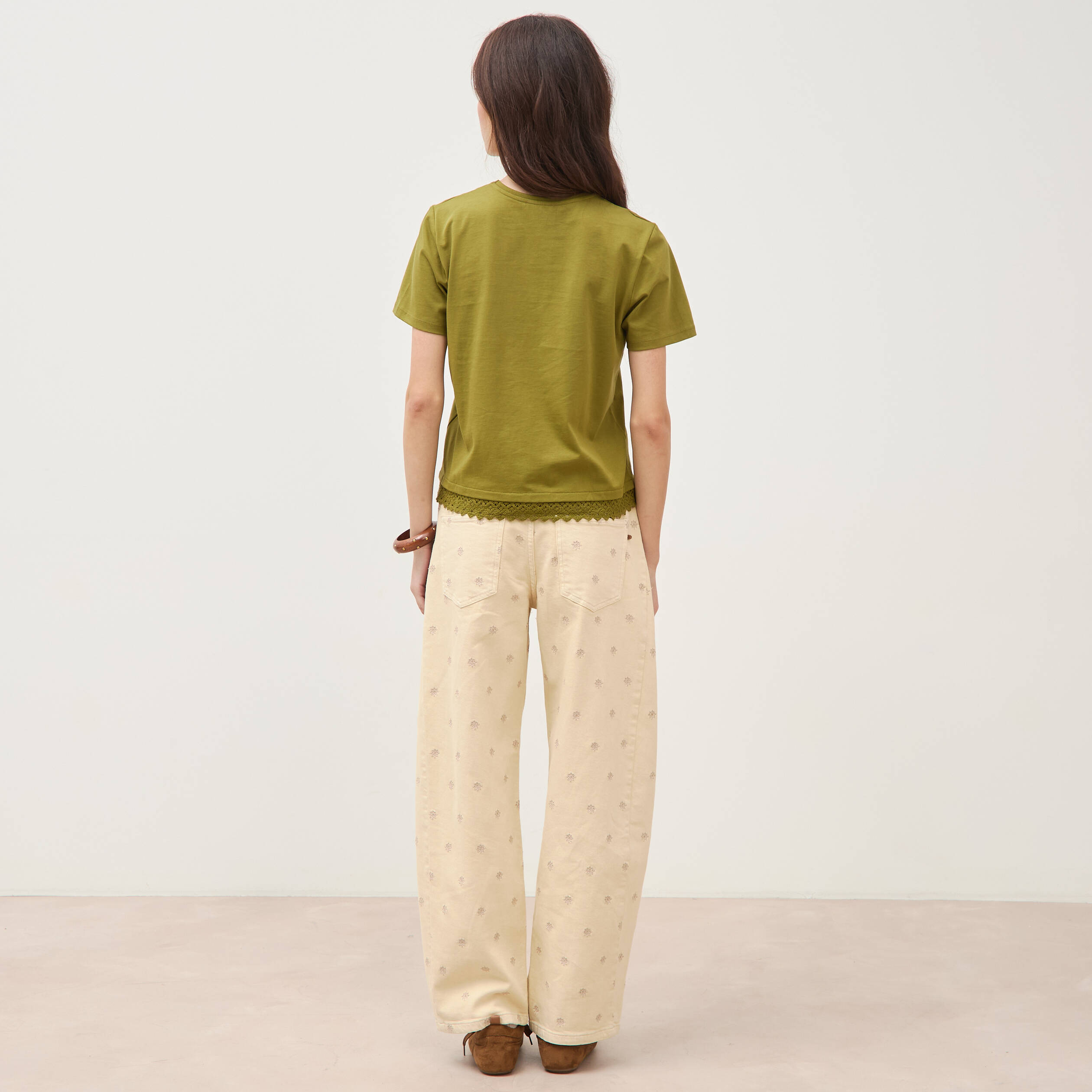 T-shirt droit col rond manches courtes vert kaki femme