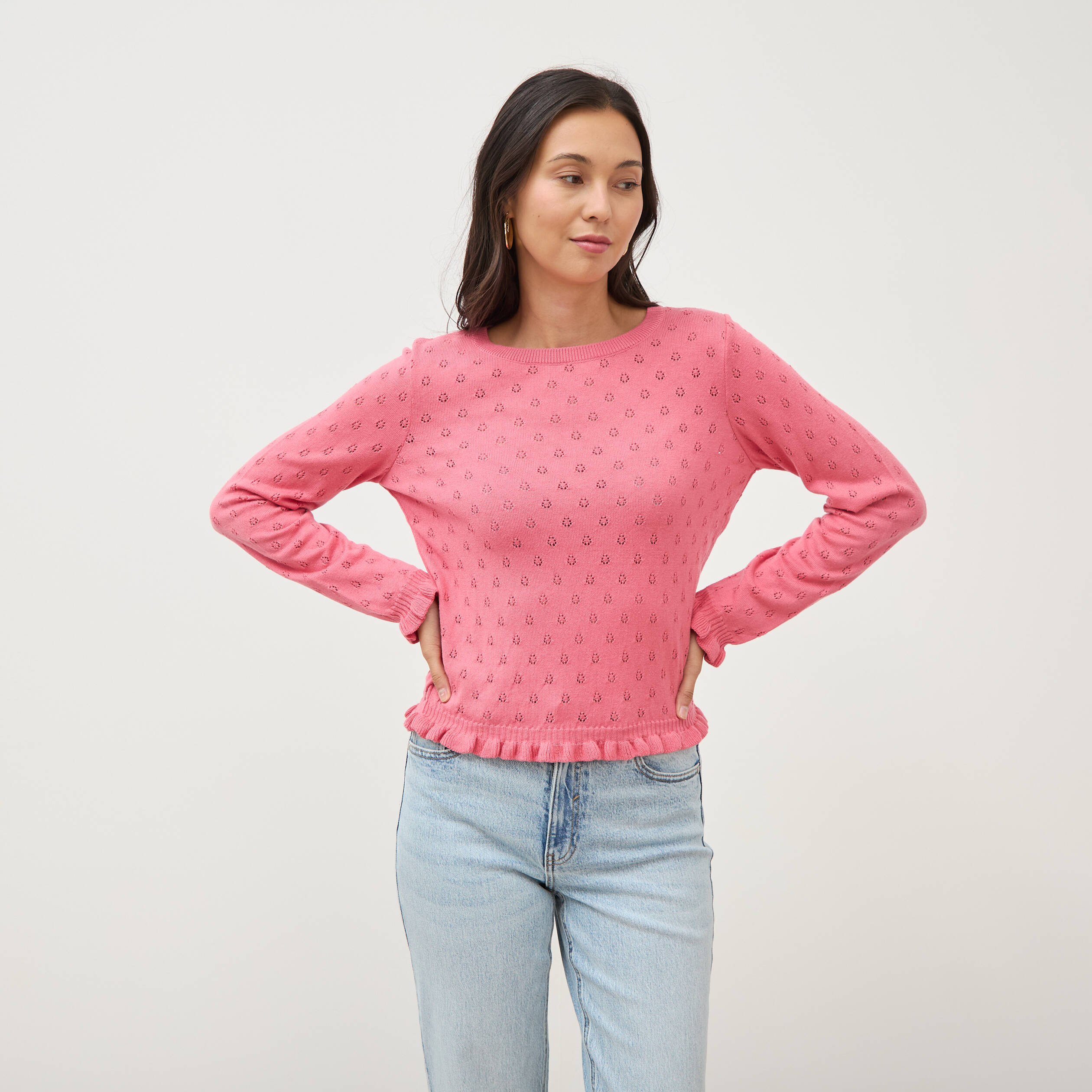 Pull droit col rond manches longues vieux rose femme