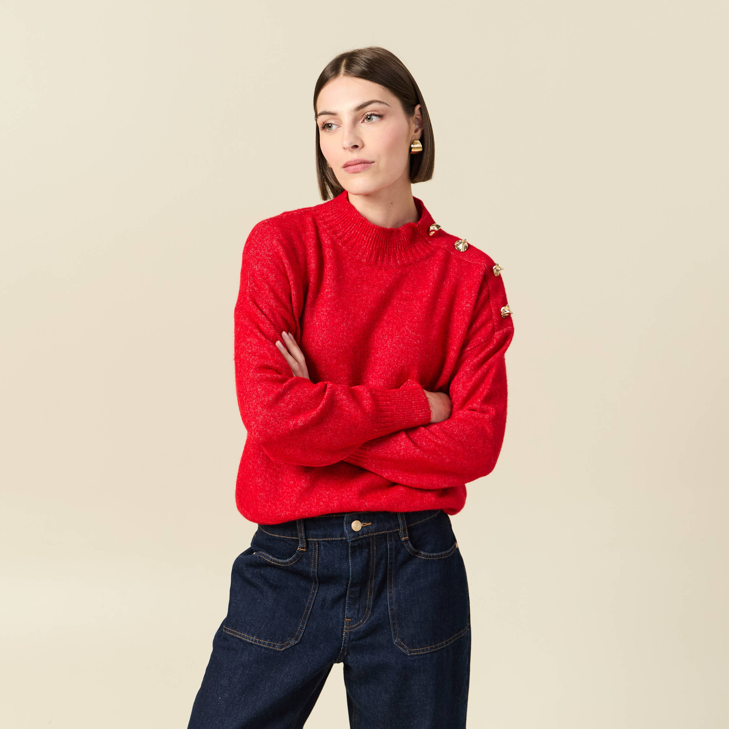 Pull col montant manches longues rouge femme
