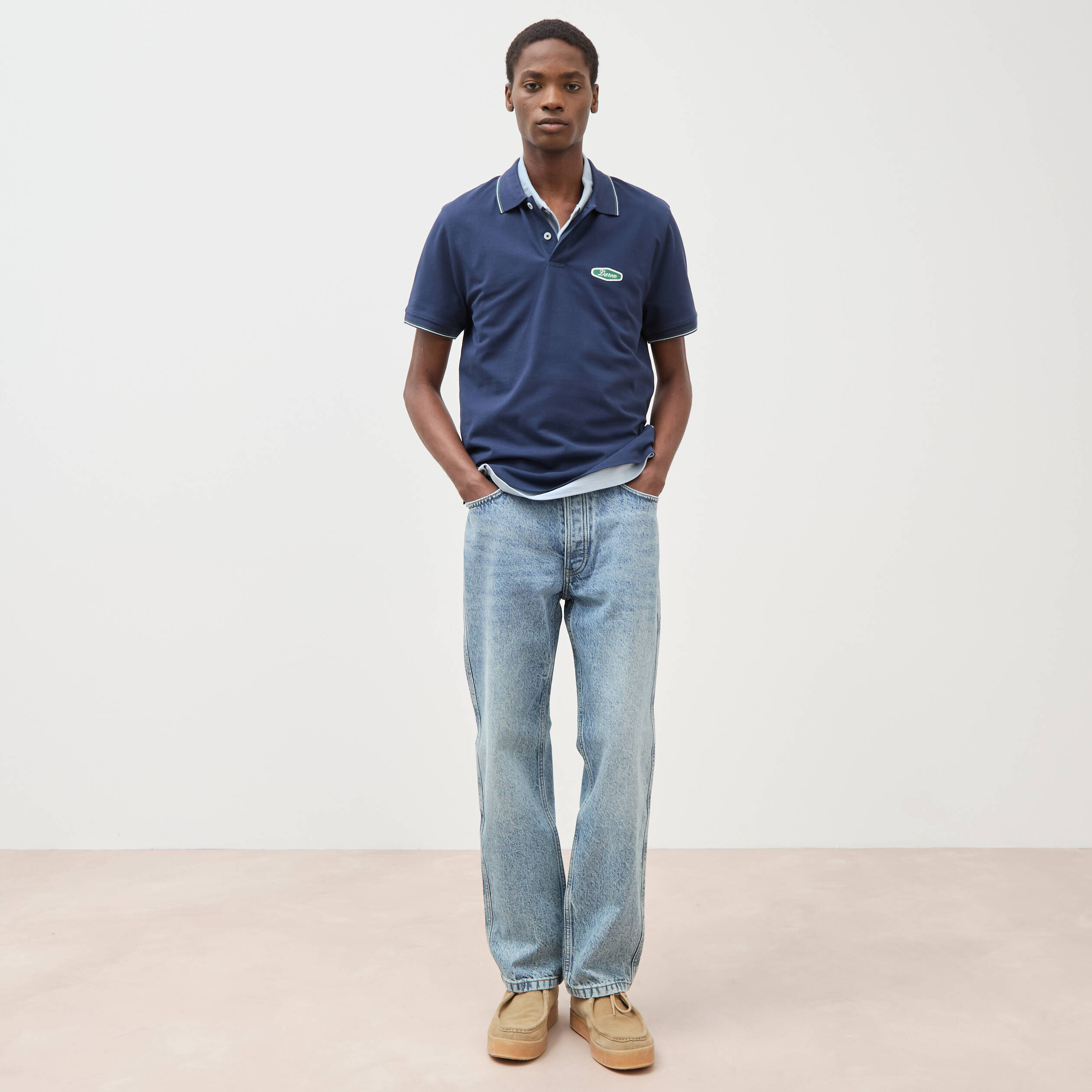 Polo cintr&eacute; en coton manches courtes bleu marine homme
