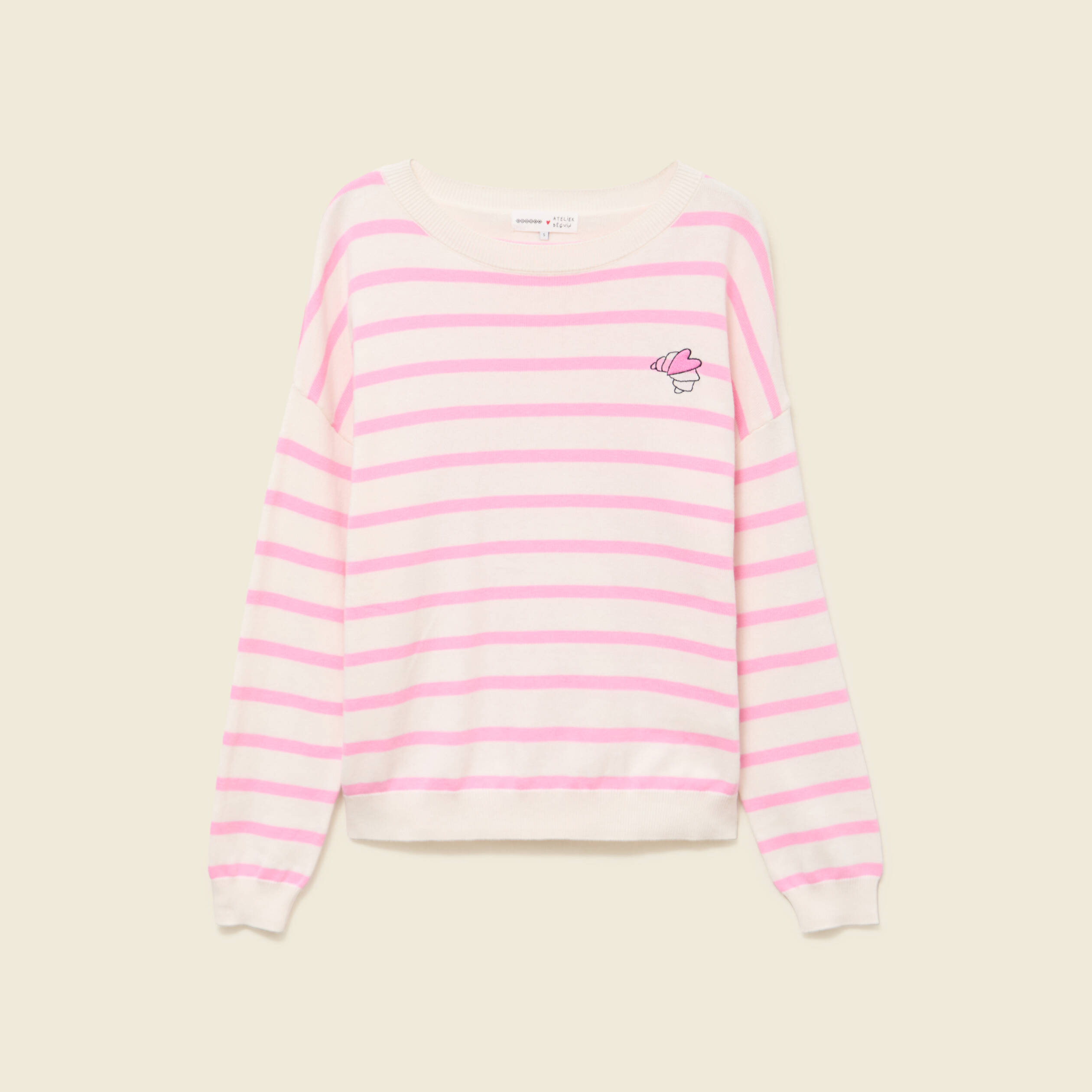 Pull col rond manches longues broderie rose clair femme