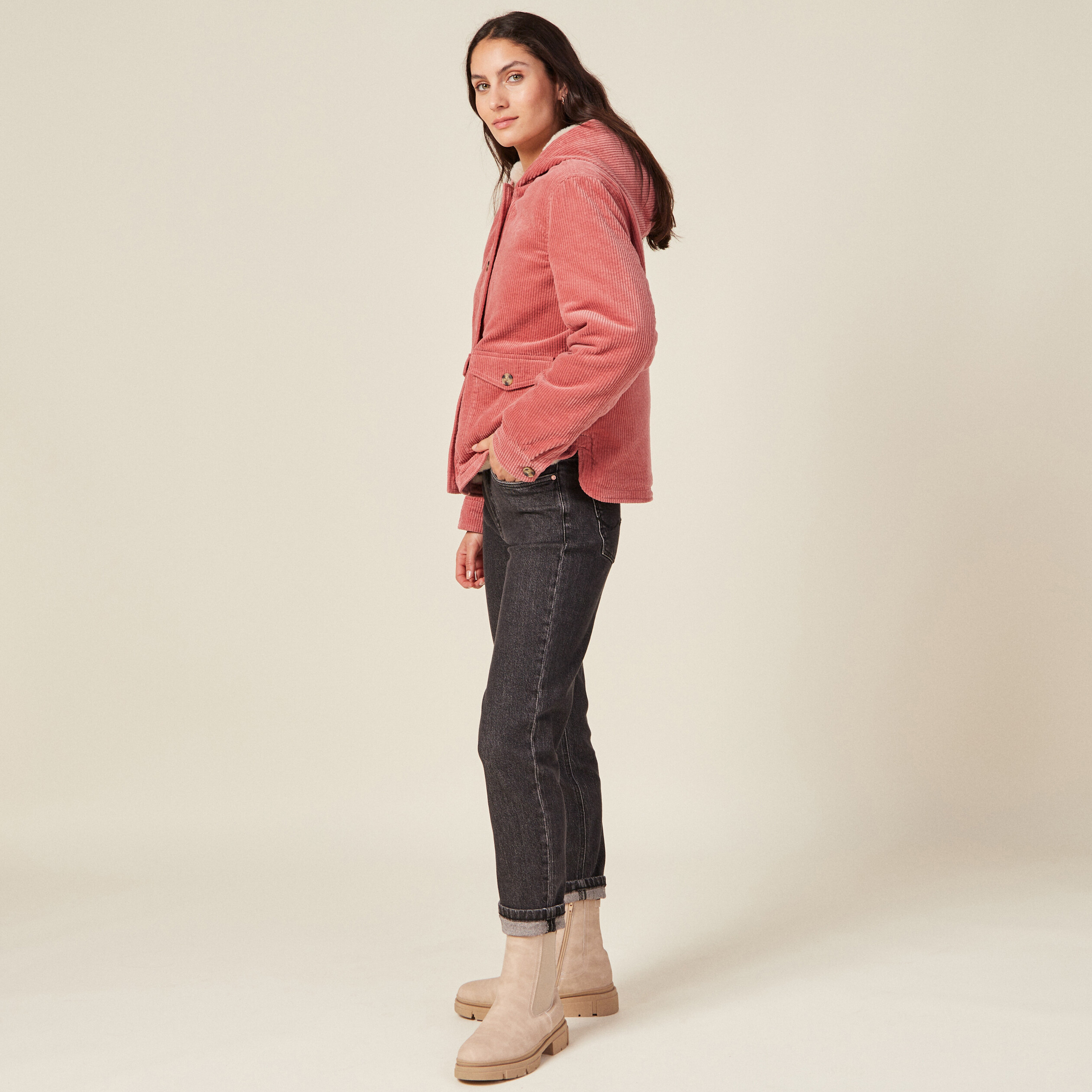 Blouson droit capuche velours rouge clair femme