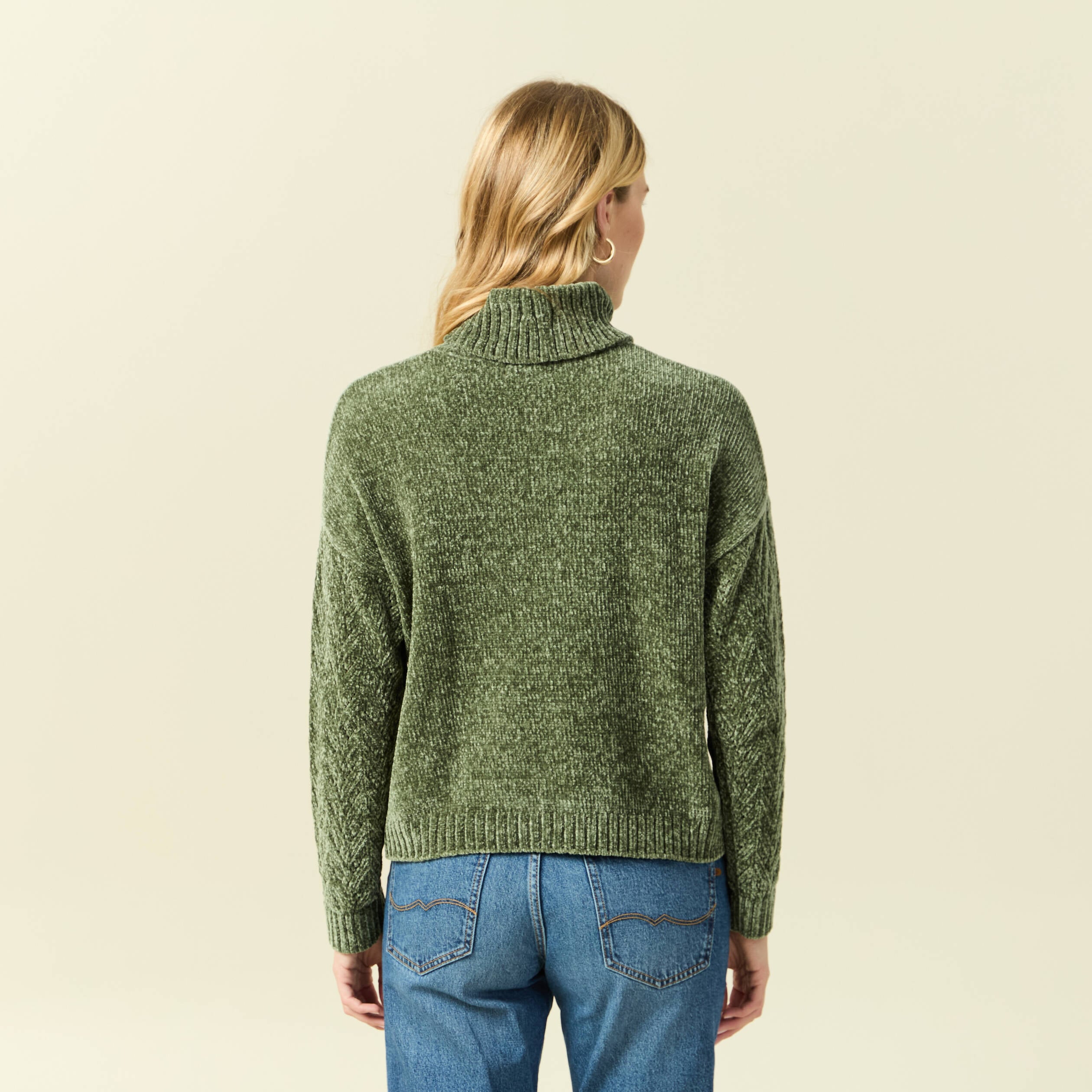 Pull col roul&eacute; manches longues vert kaki femme