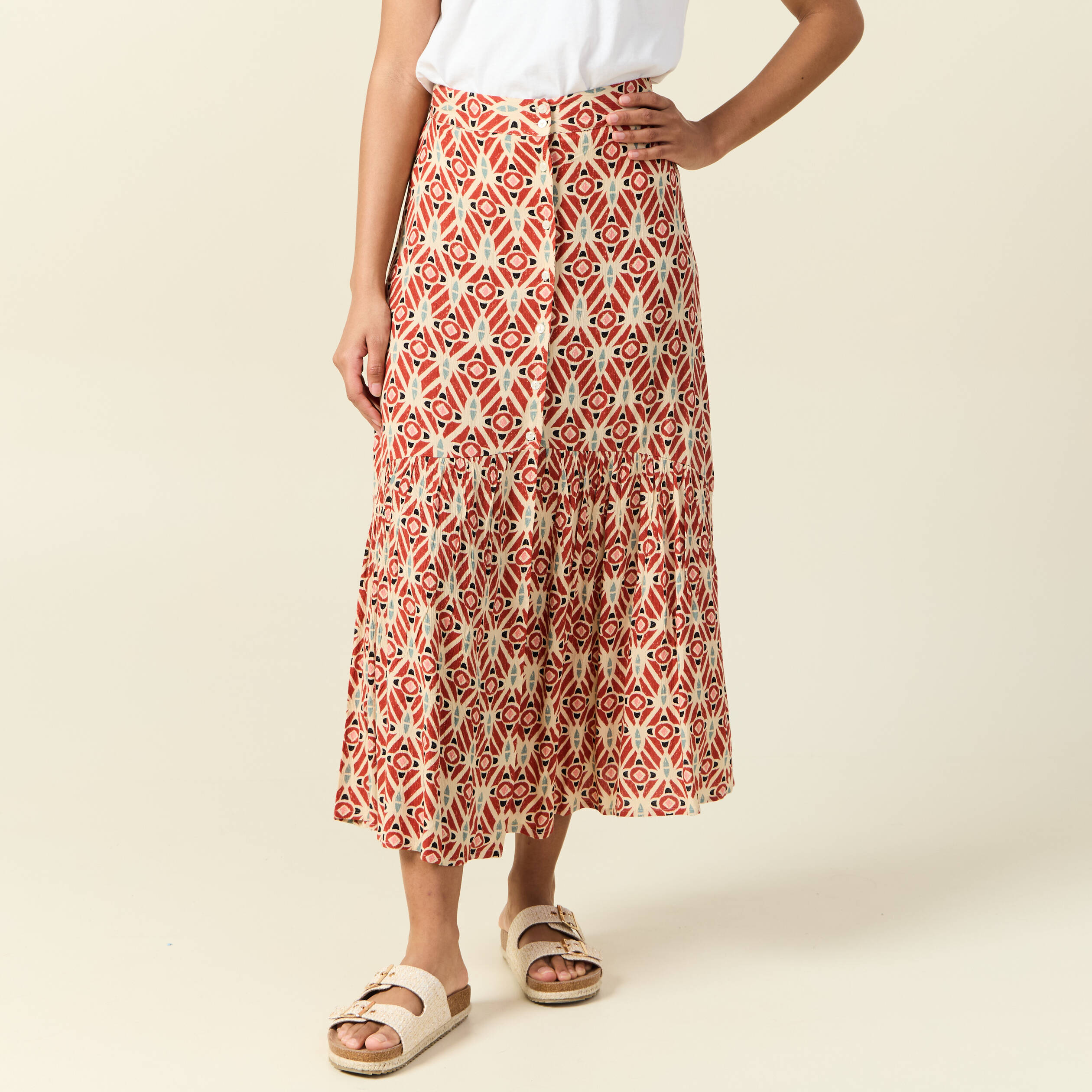 jupe longue evasee terracotta femme Jupe longue évasée terracotta femme