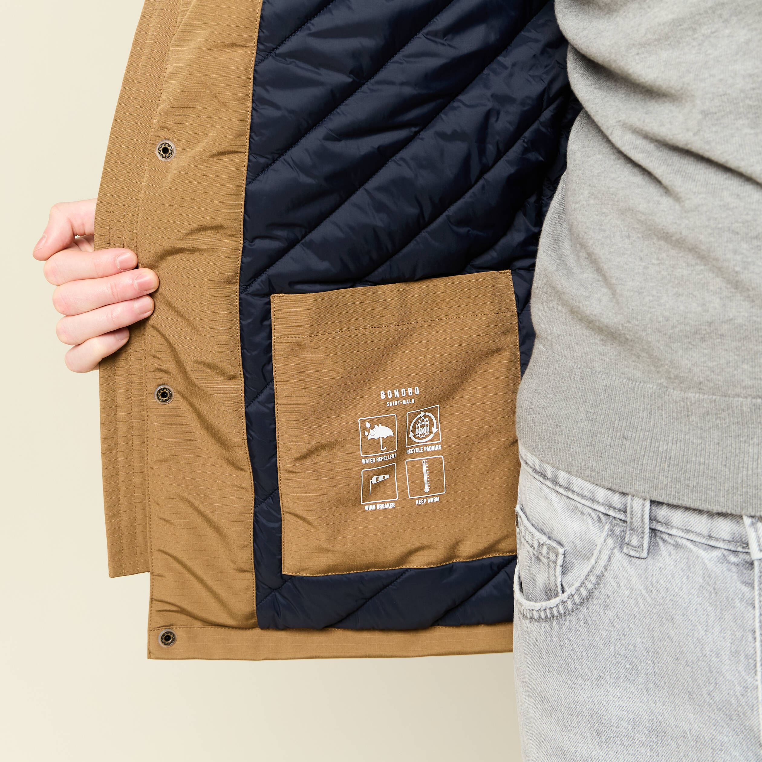 Parka droite mi-longue &agrave; capuche beige homme