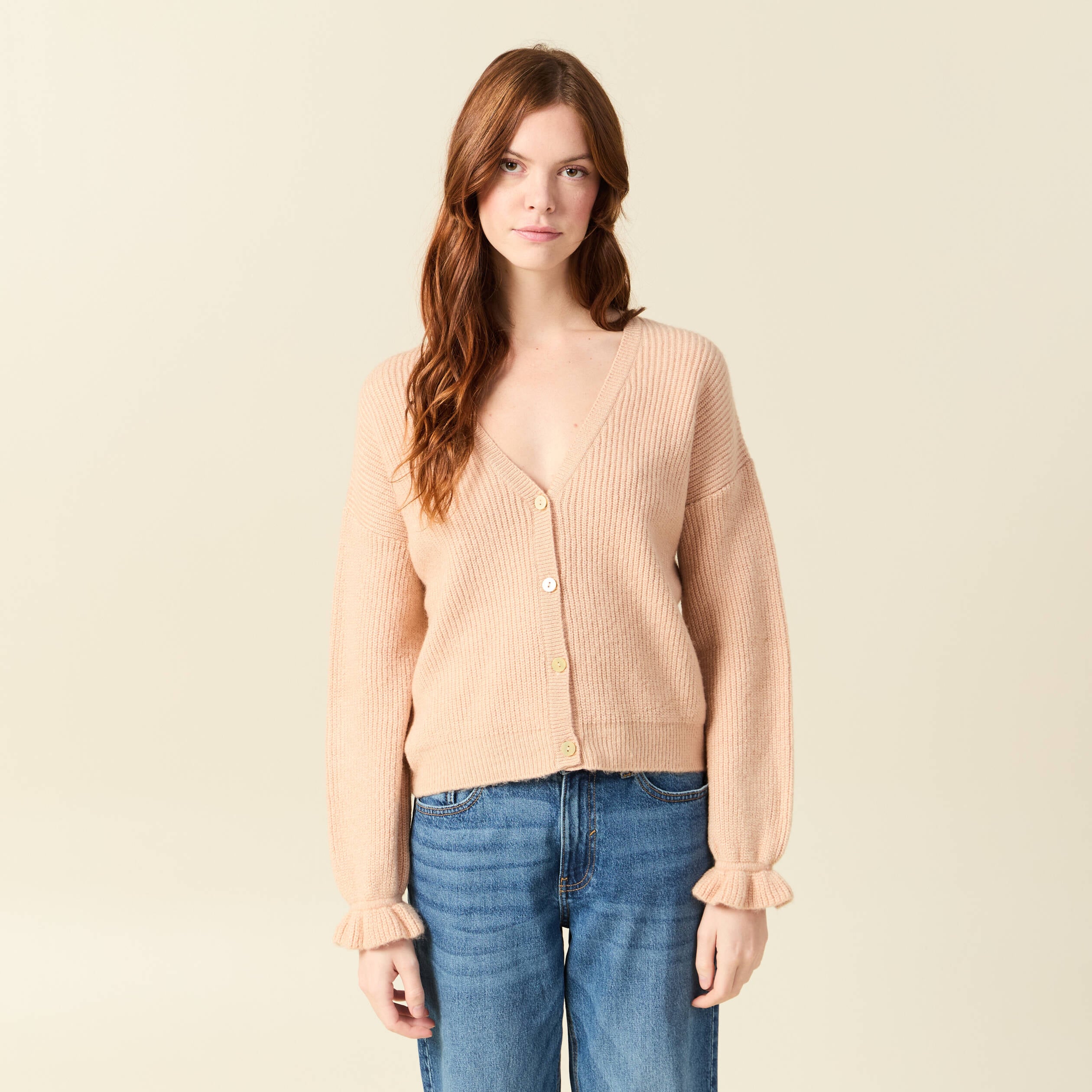 Gilet manches longues col v rose champagne femme