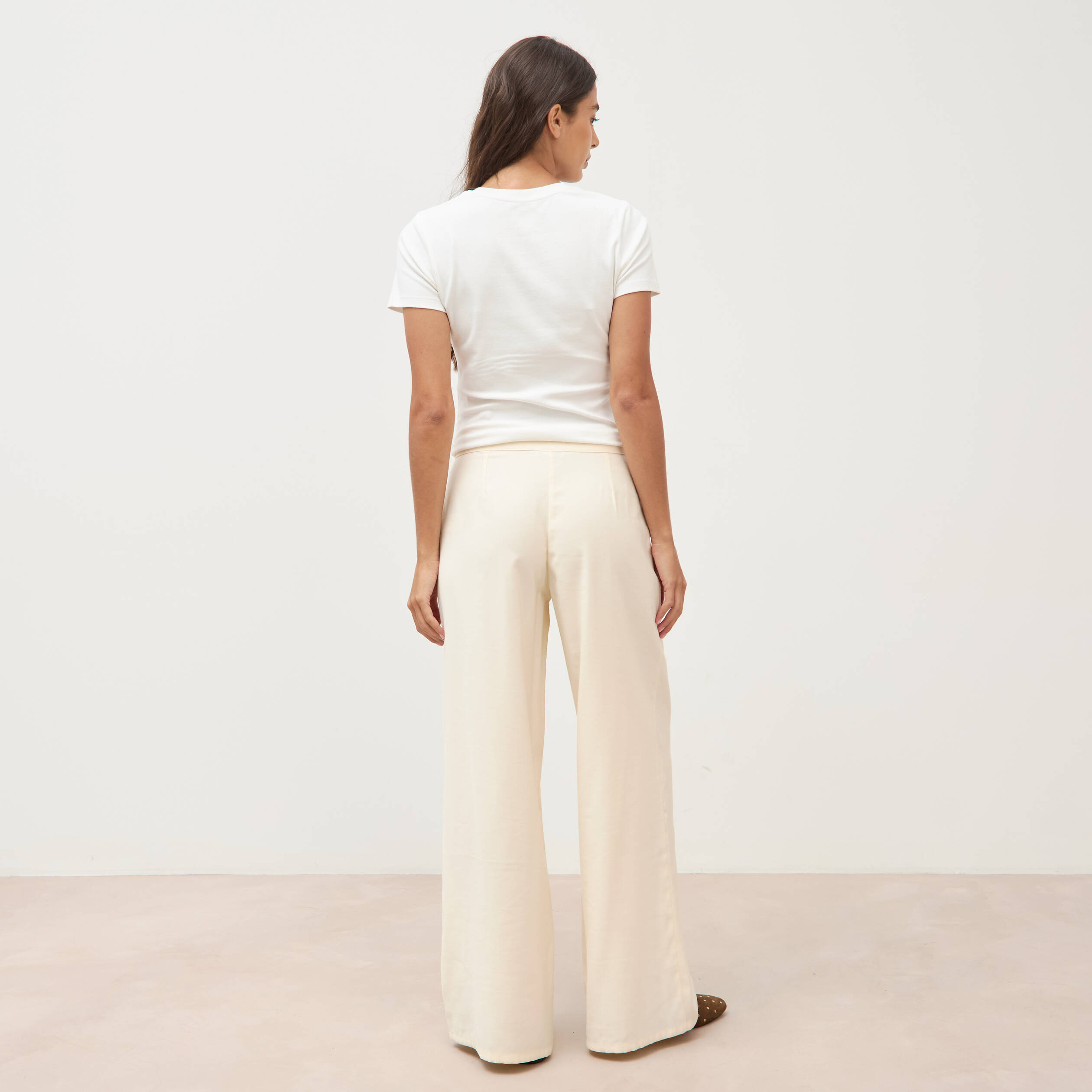 Pantalon large taille haute ceinture ivoire femme