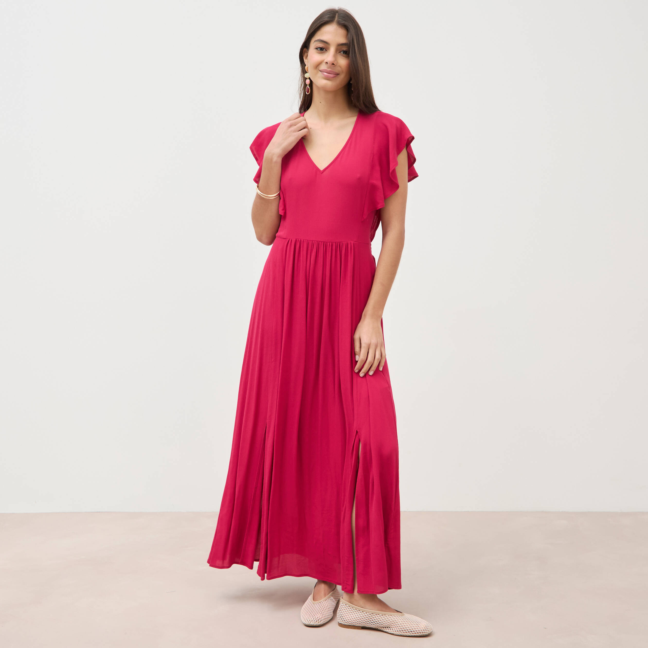 Robe fluide col v manches courtes rouge clair femme