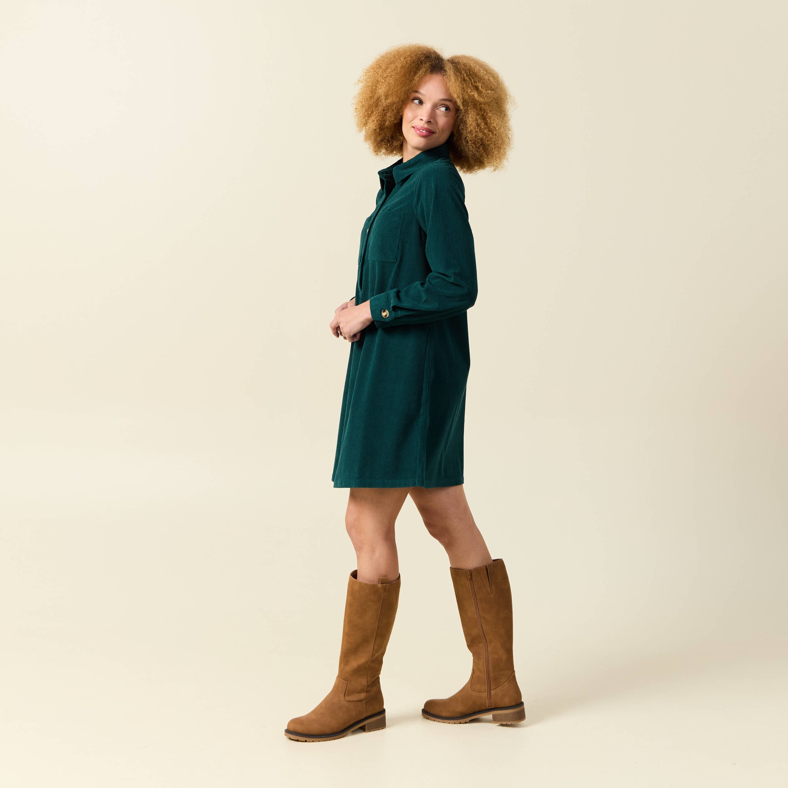 Robe droite velours col polo vert fonc&eacute; femme