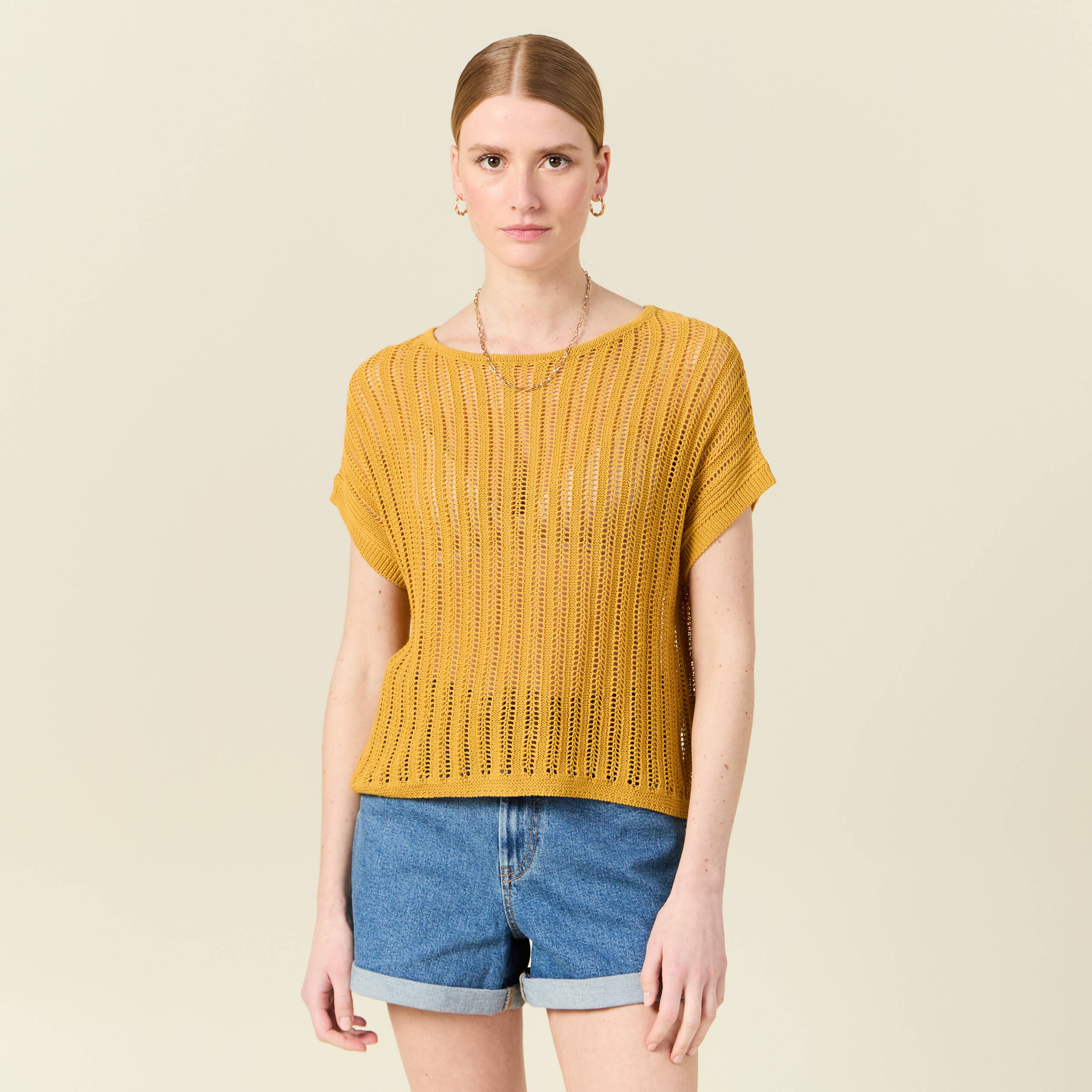 Pull oversize ajour&eacute; col bateau jaune femme