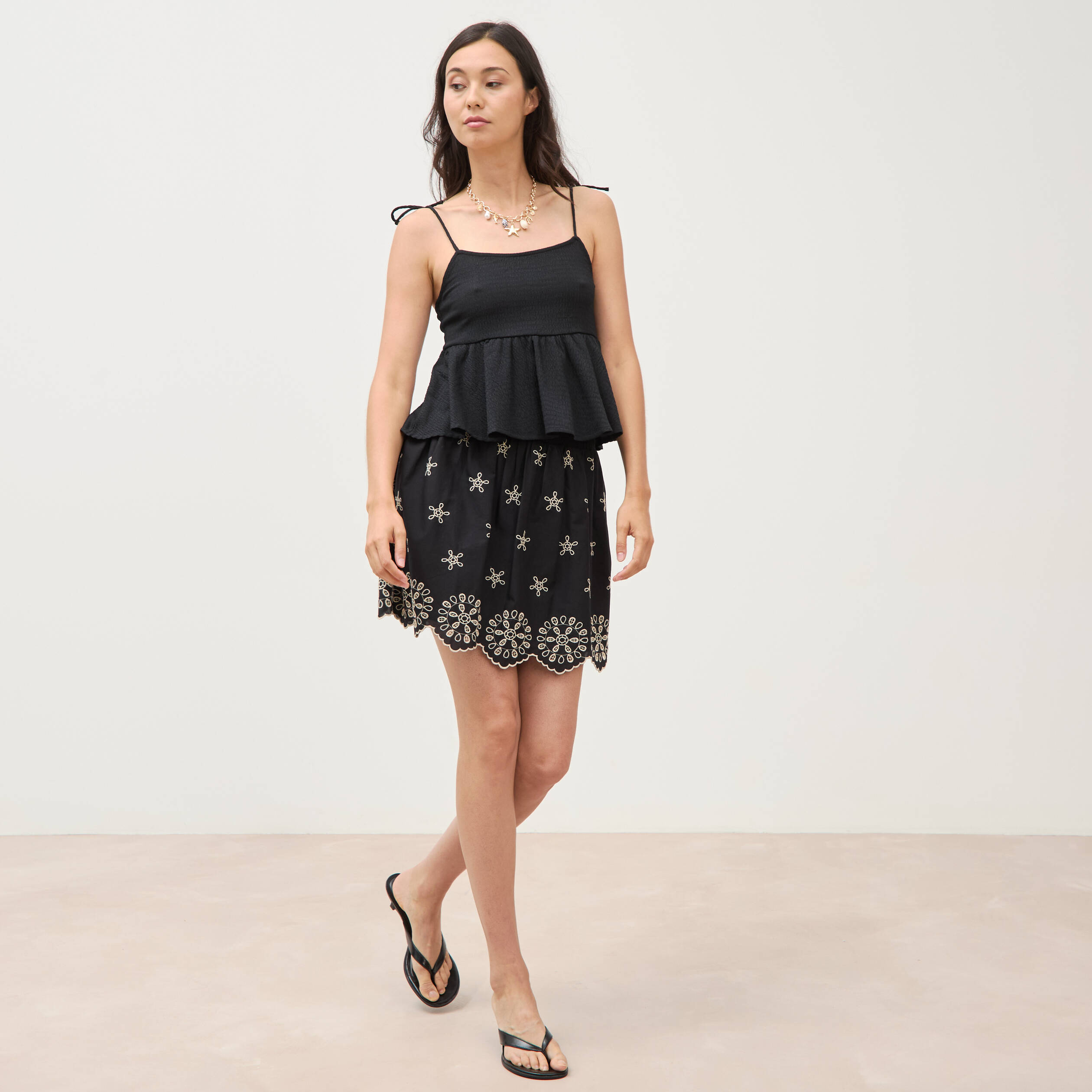 Jupe taille haute doubl&eacute;e en coton noir femme