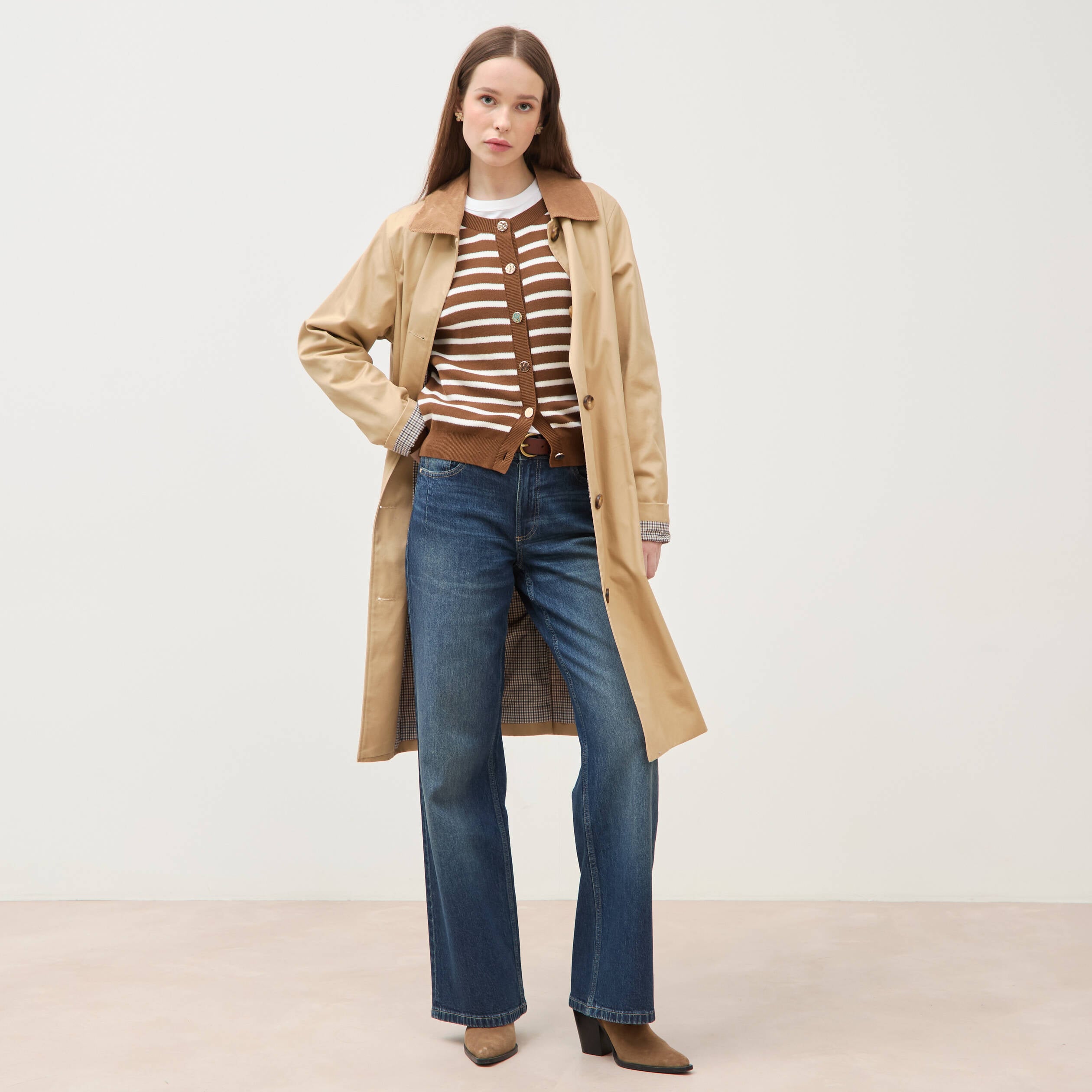 Gilet manches longues col rond en coton marron femme