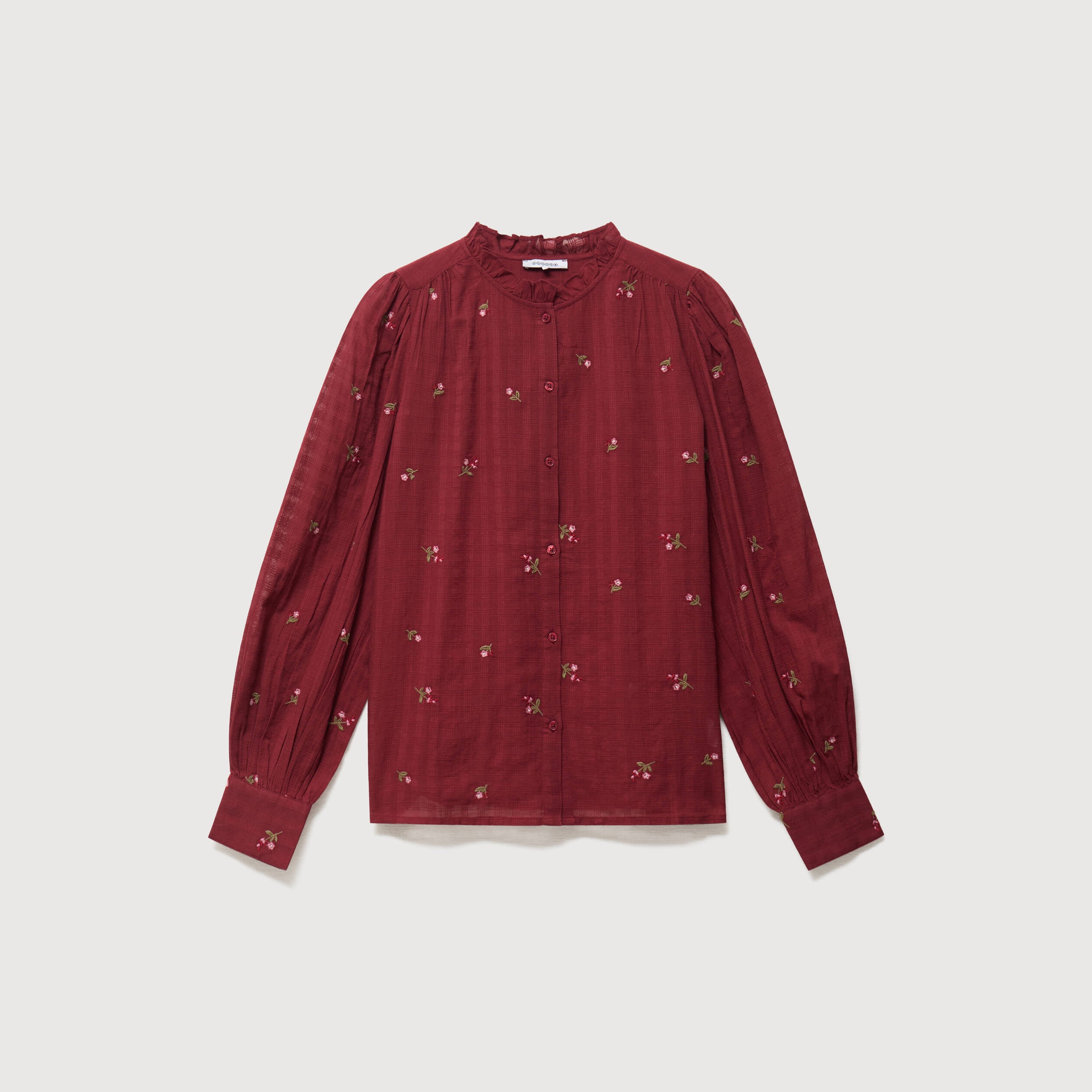 Chemise manches longues en coton brod&eacute;e bordeaux femme