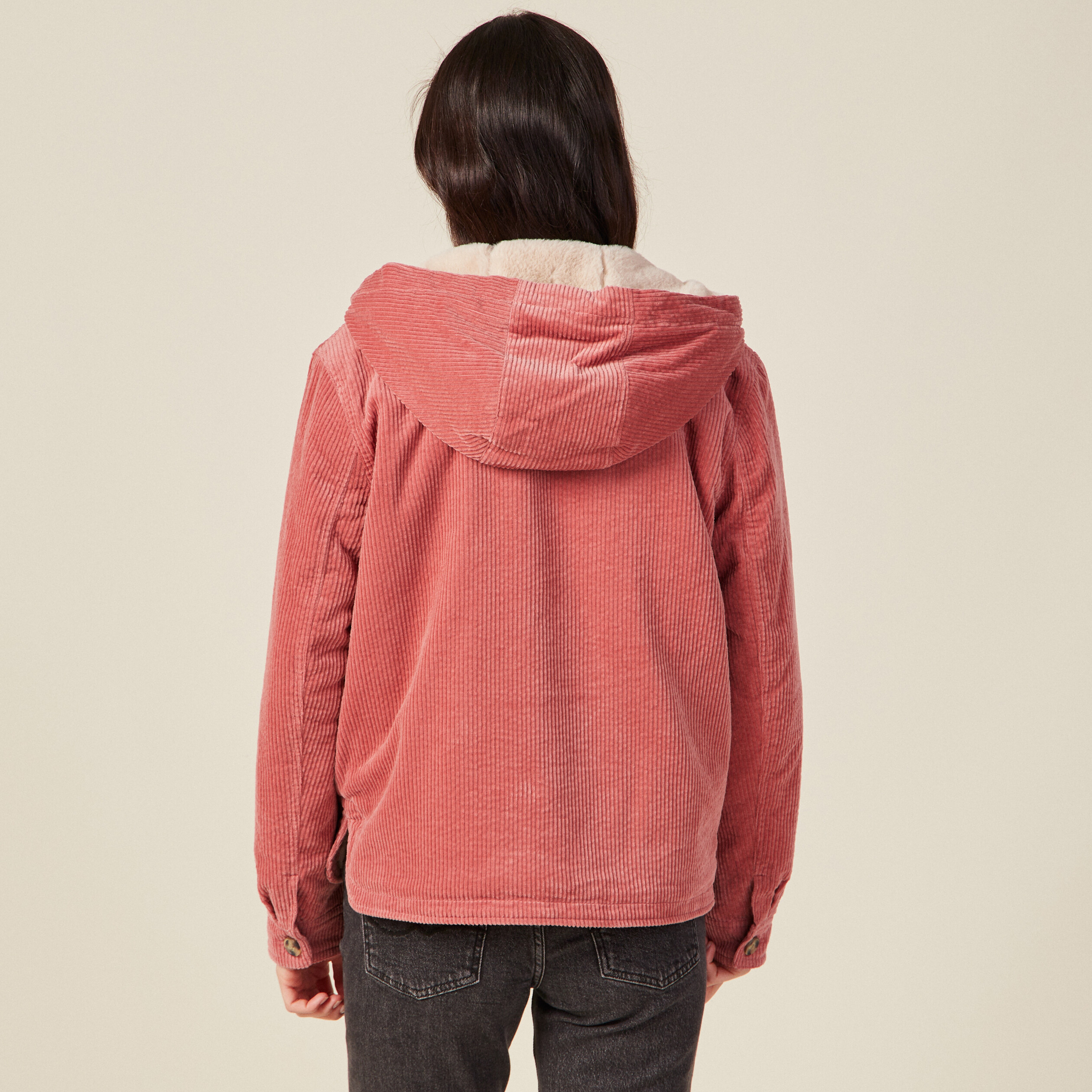 Blouson droit capuche velours rouge clair femme