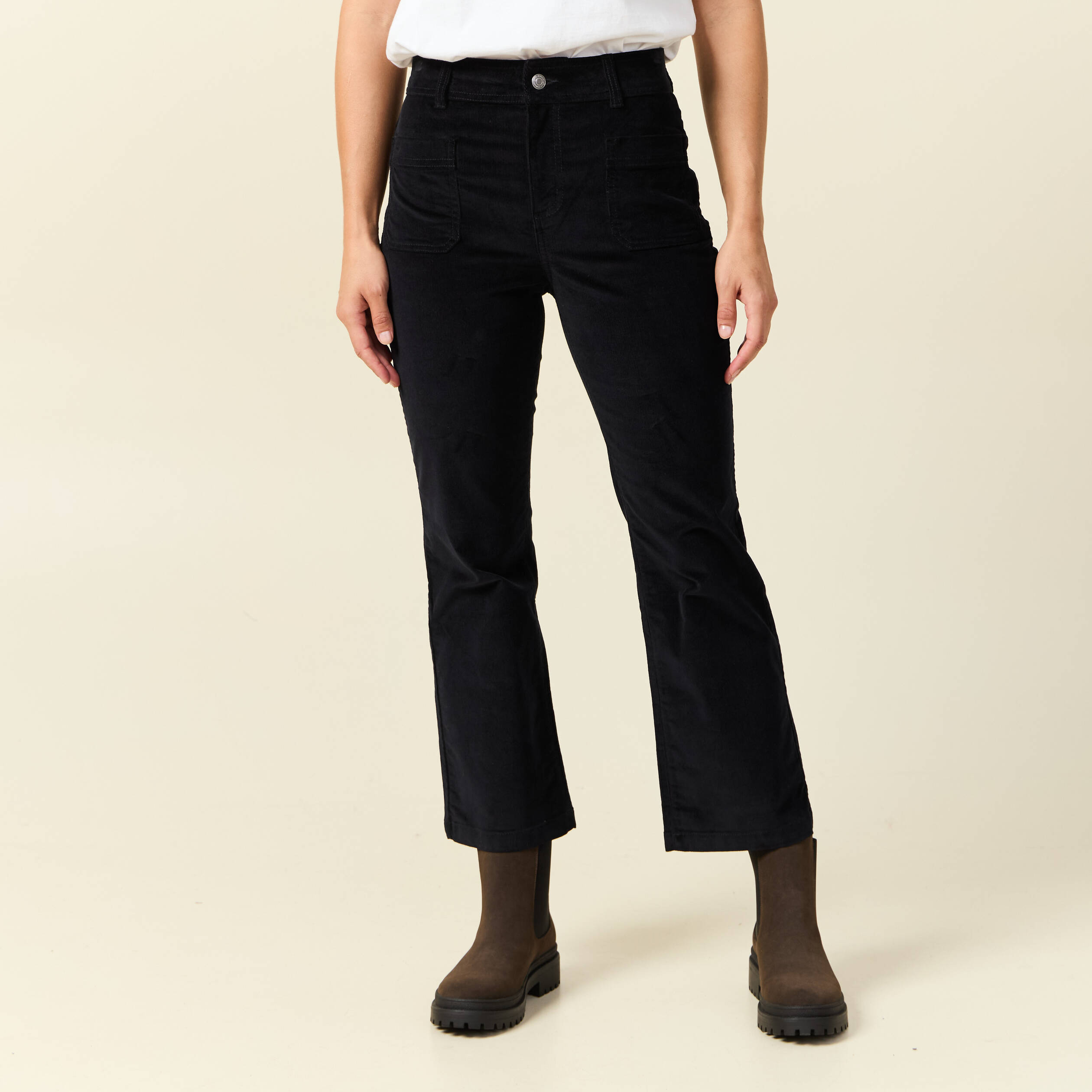 Pantalon bootcut cropped taille haute noir femme