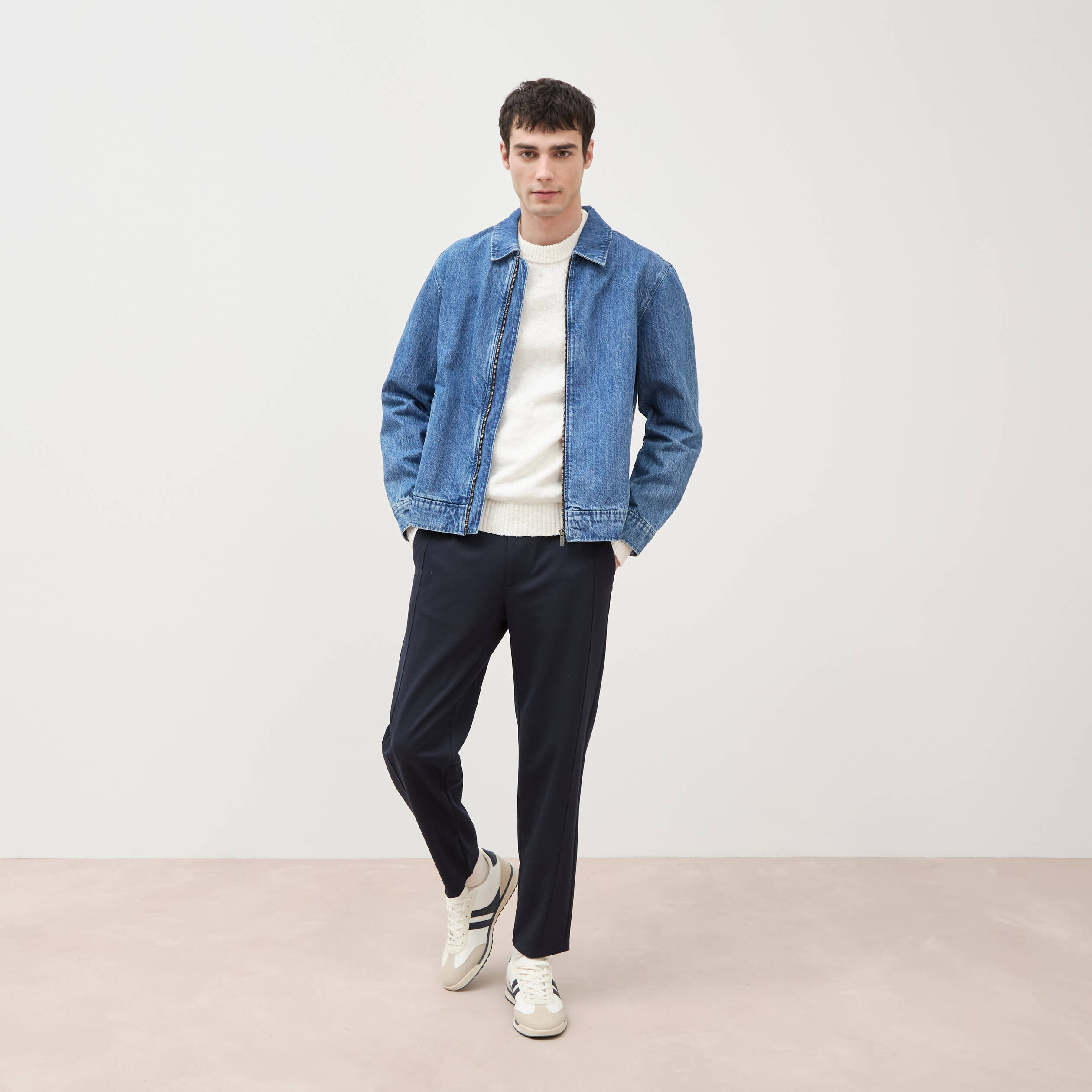 Pull col rond manches longues en coton ecru homme