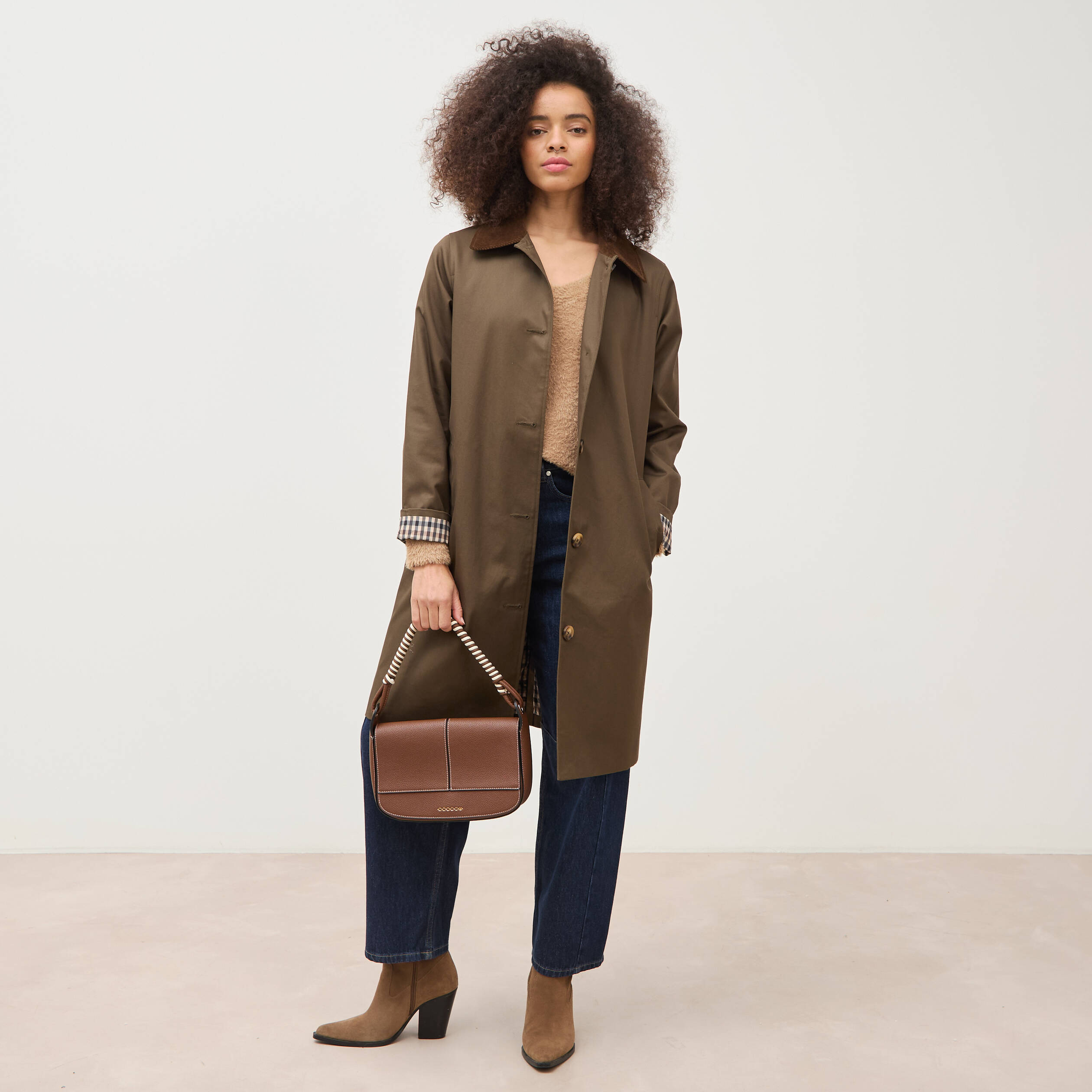 Pull droit col v manches longues camel femme
