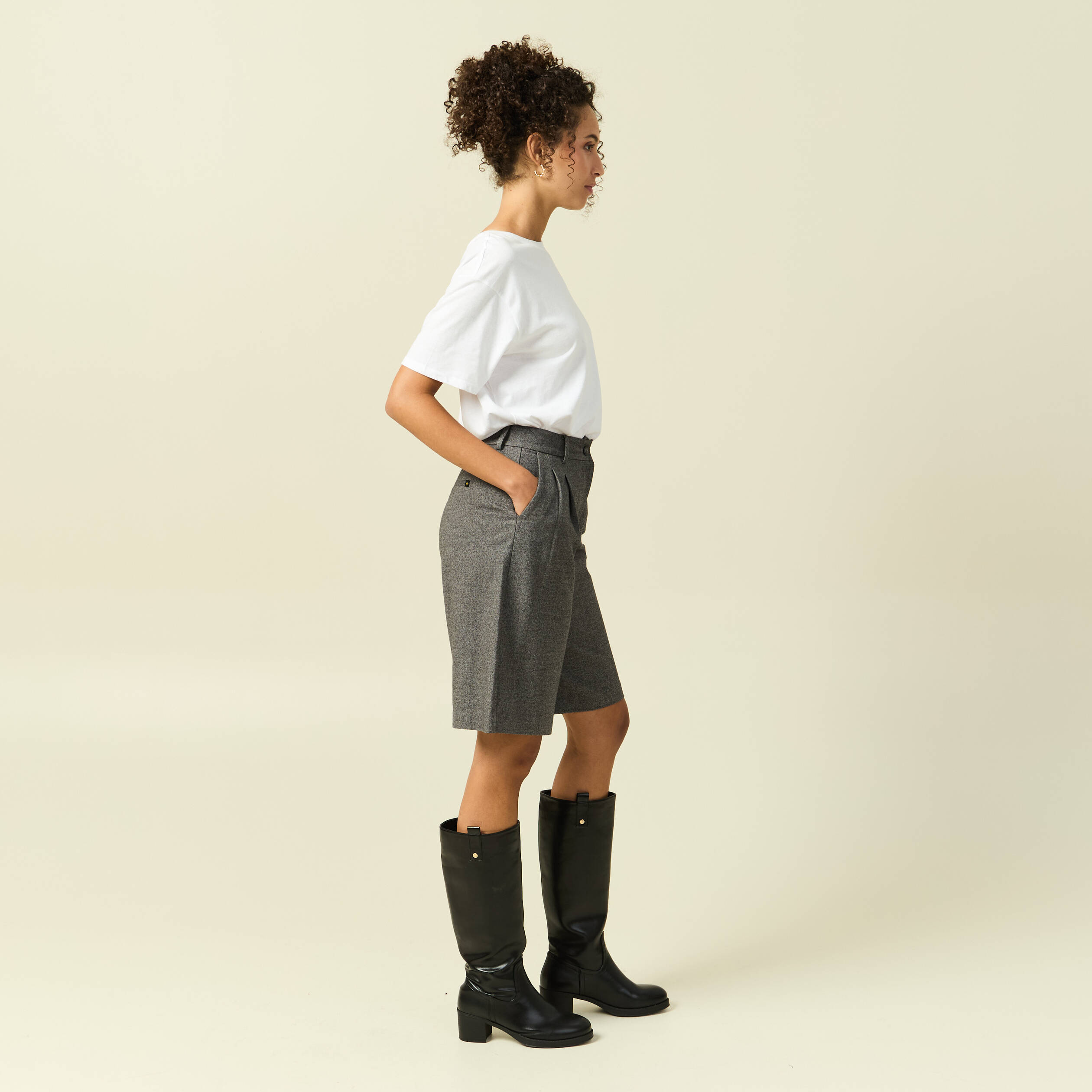 Bermuda large taille haute gris femme