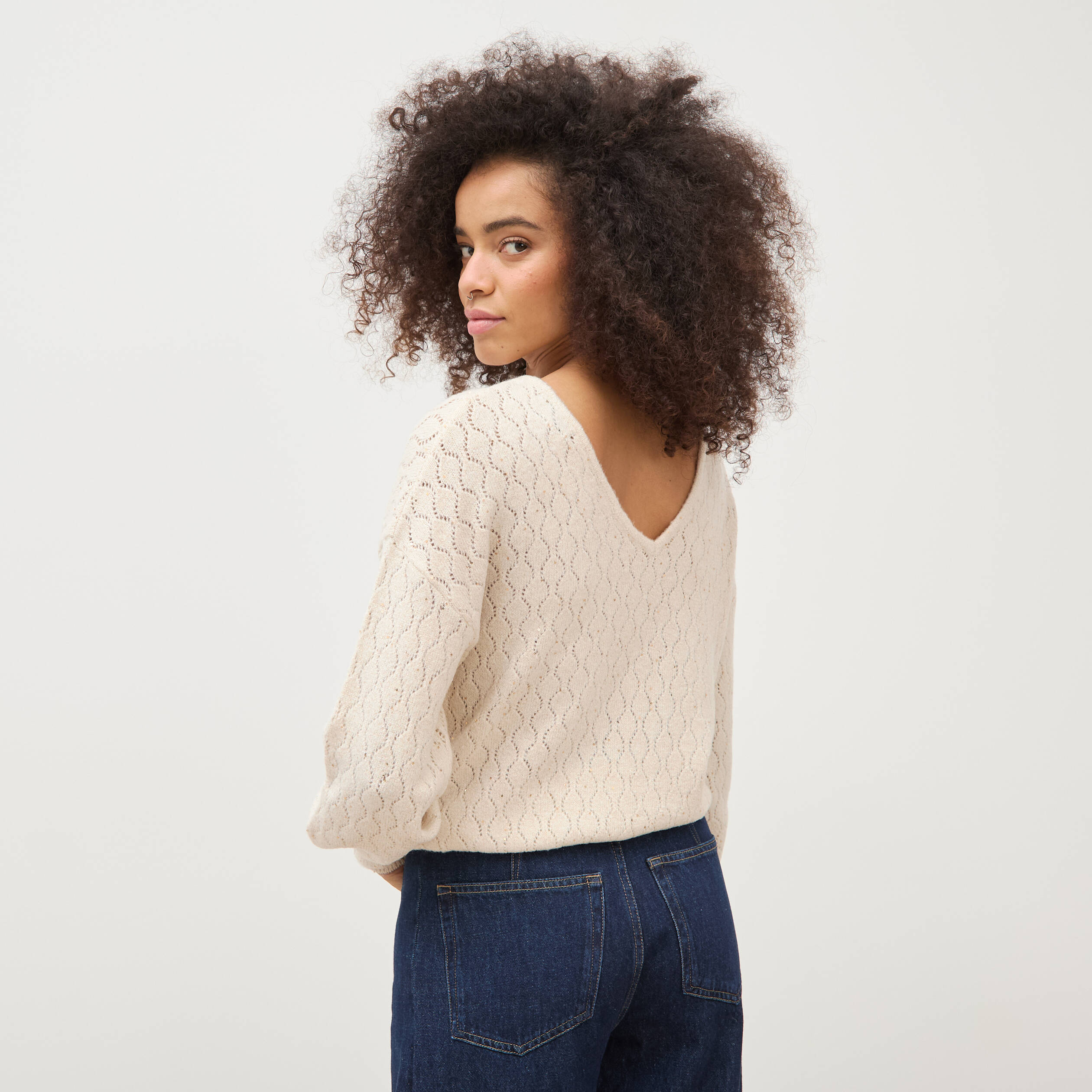 Pull oversize col v manches longues creme femme