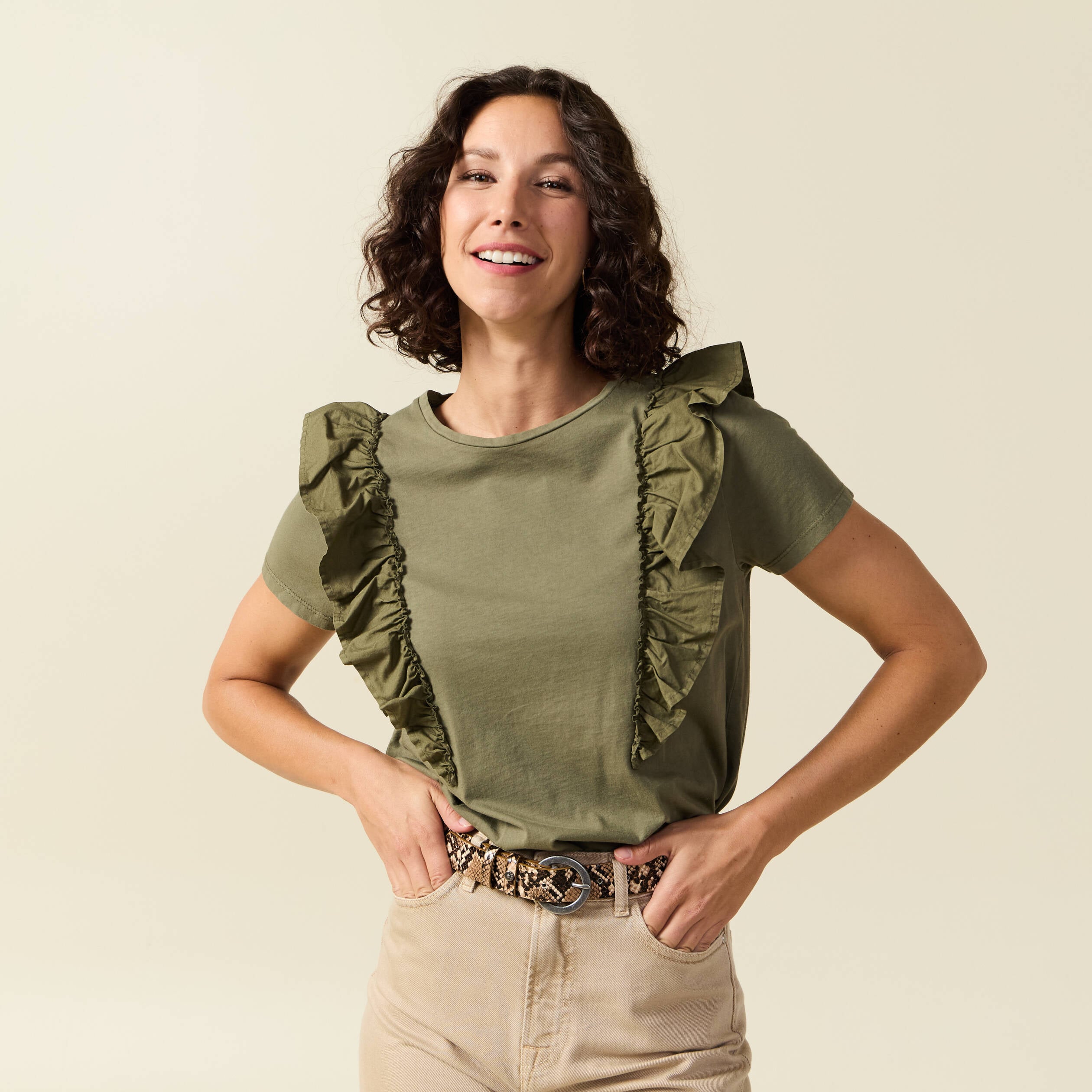 T-shirt en coton manches courtes vert kaki femme