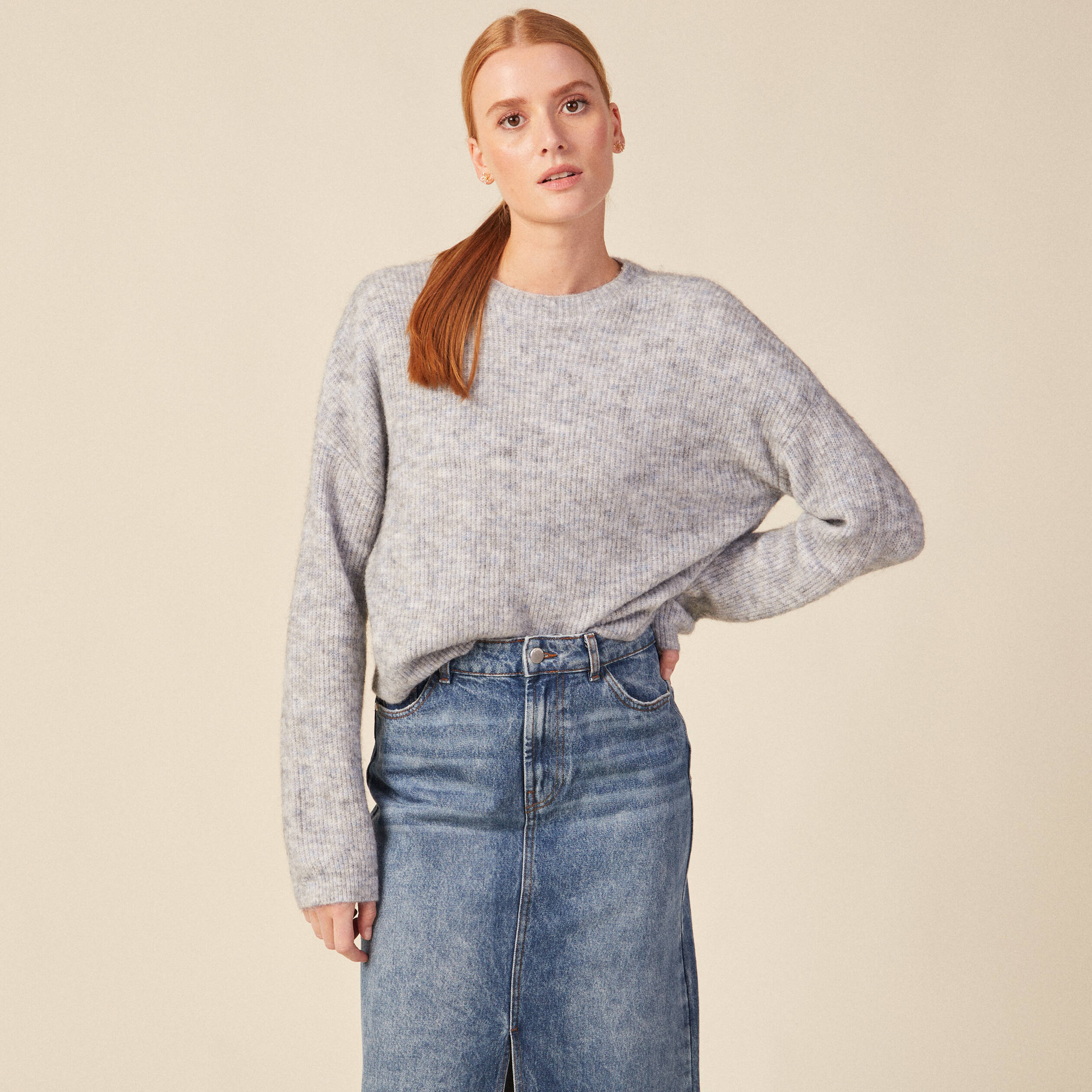 Pull manches longues cropped gris femme