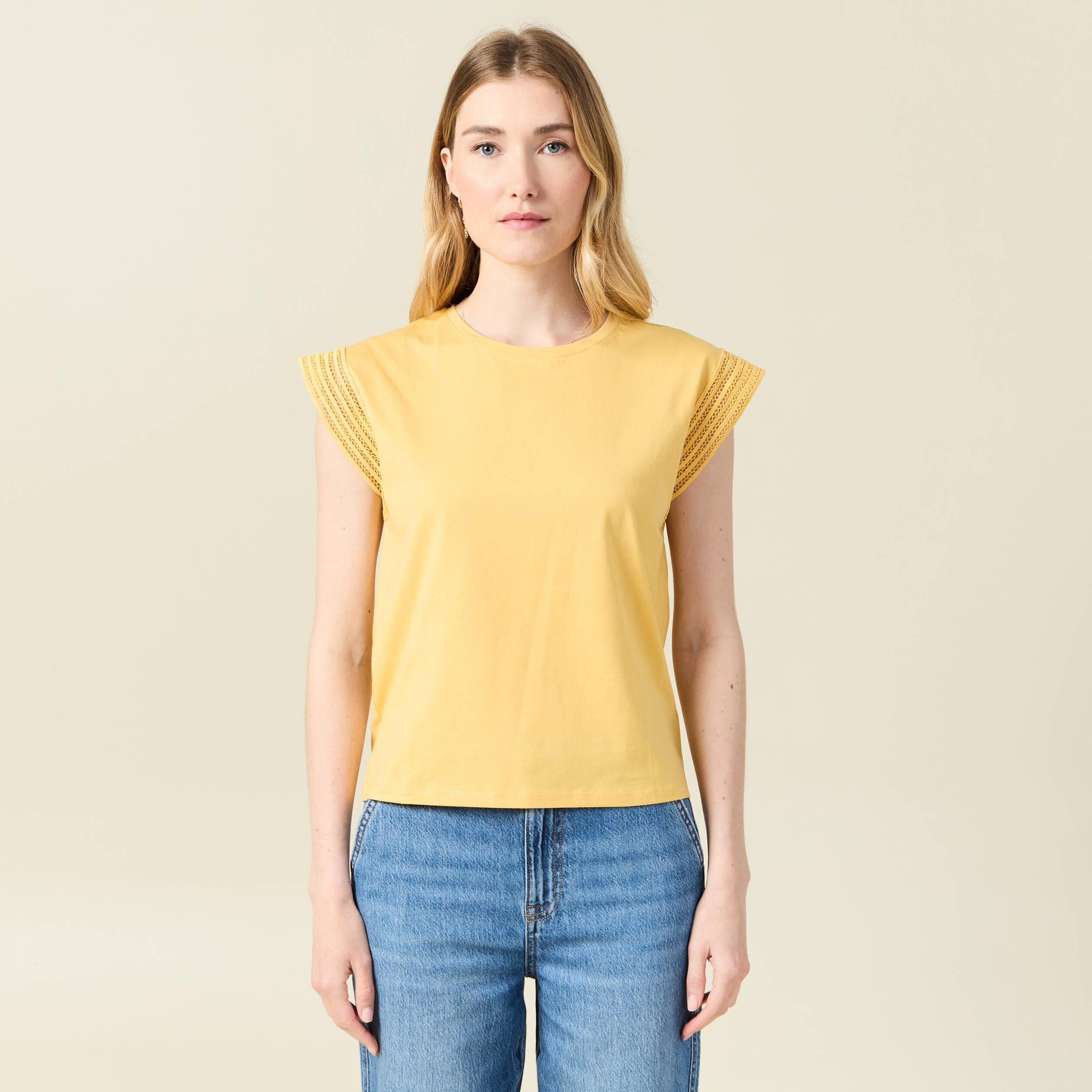 T-shirt manches courtes jaune moutarde femme