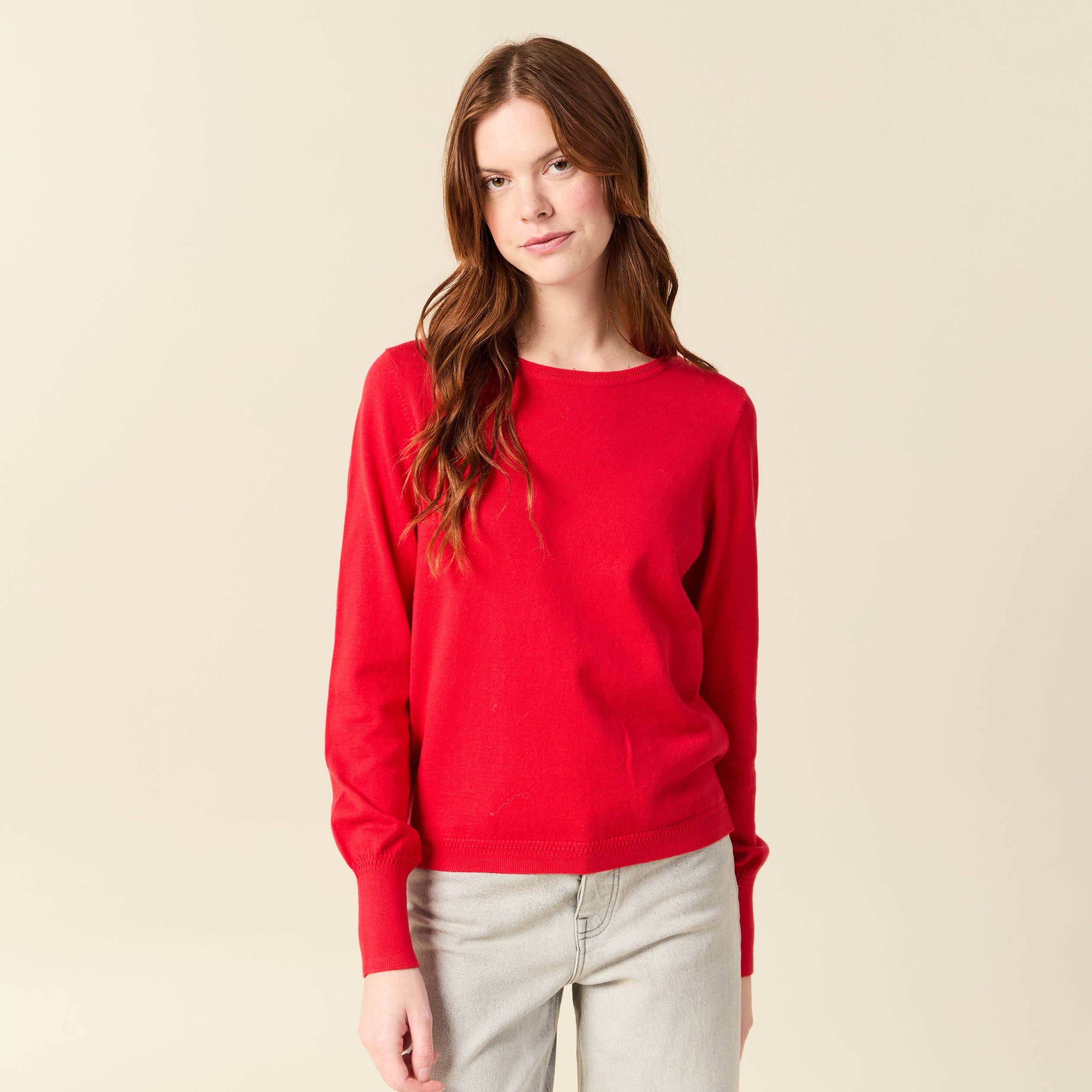 Pull manches longues rouge fonc&eacute; femme