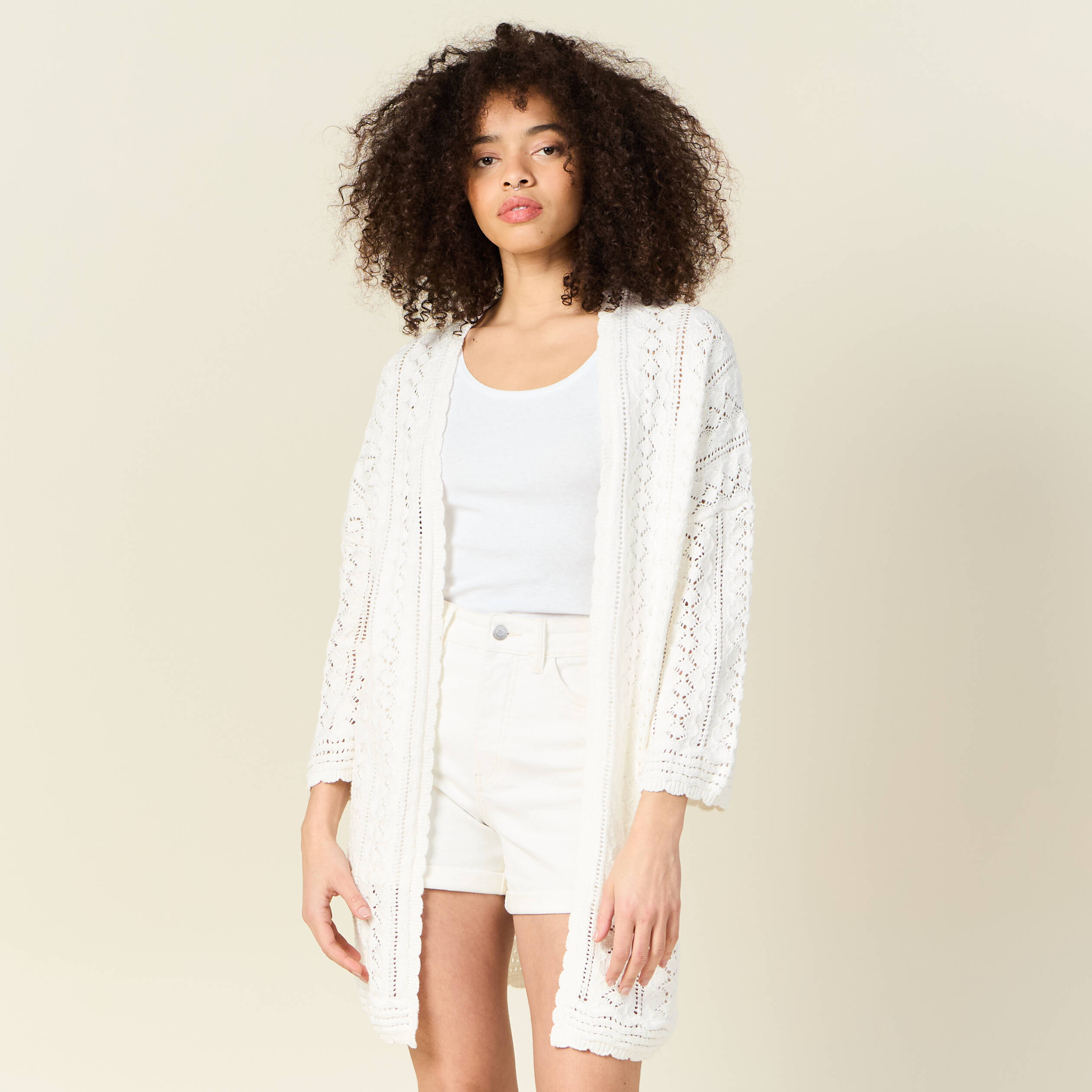 gilet long ajoure ecru femme Gilet long ajouré ecru femme