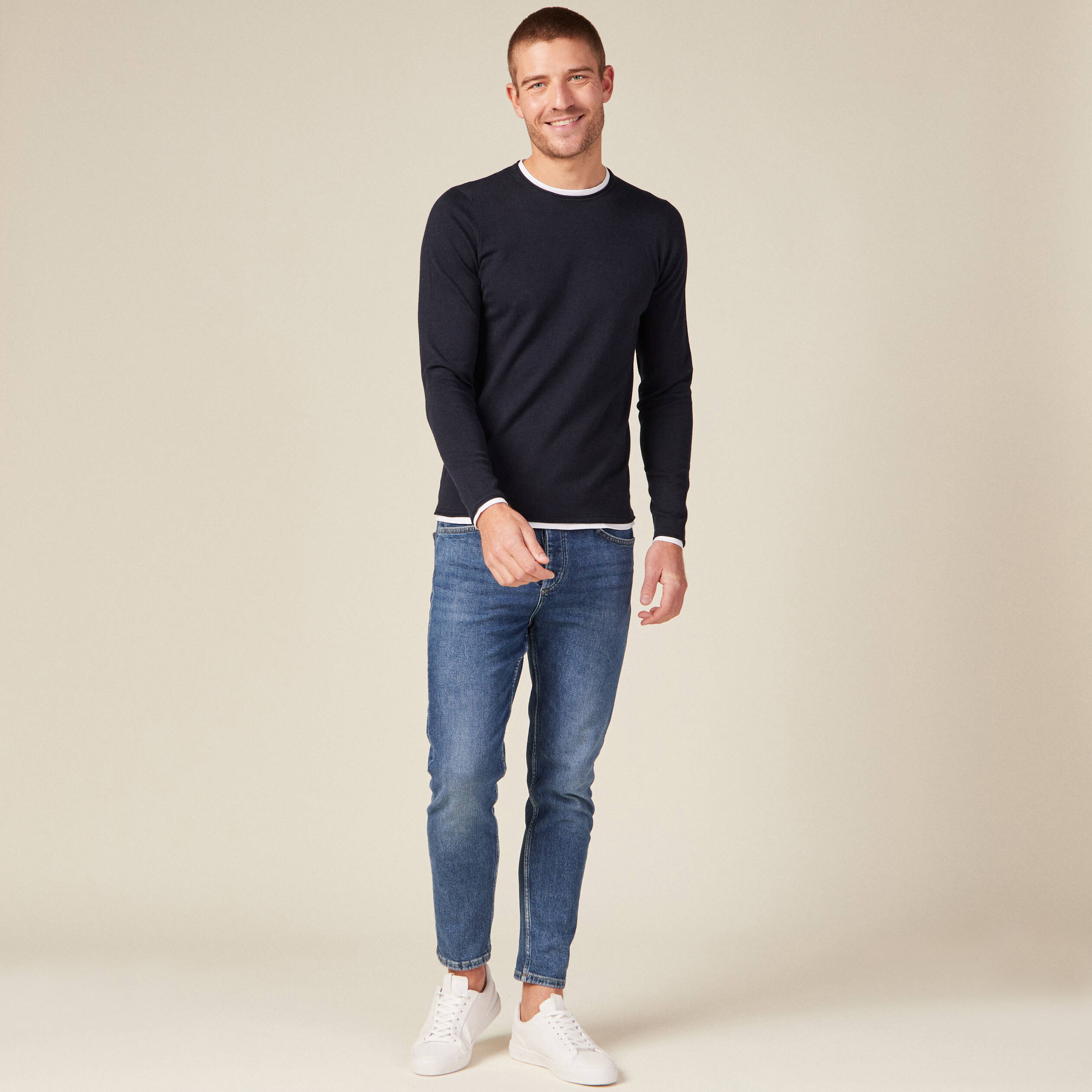 Pull manches longues 2-en-1 bleu marine homme