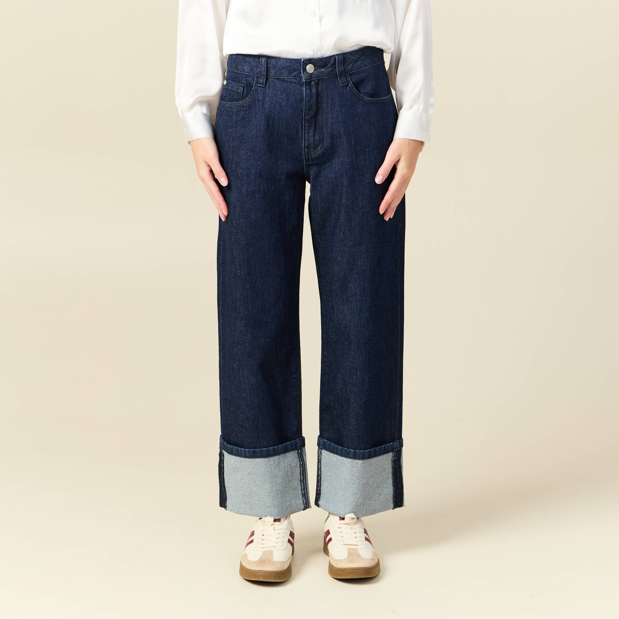 Jeans large taille haute 3/4 denim brut rinse femme