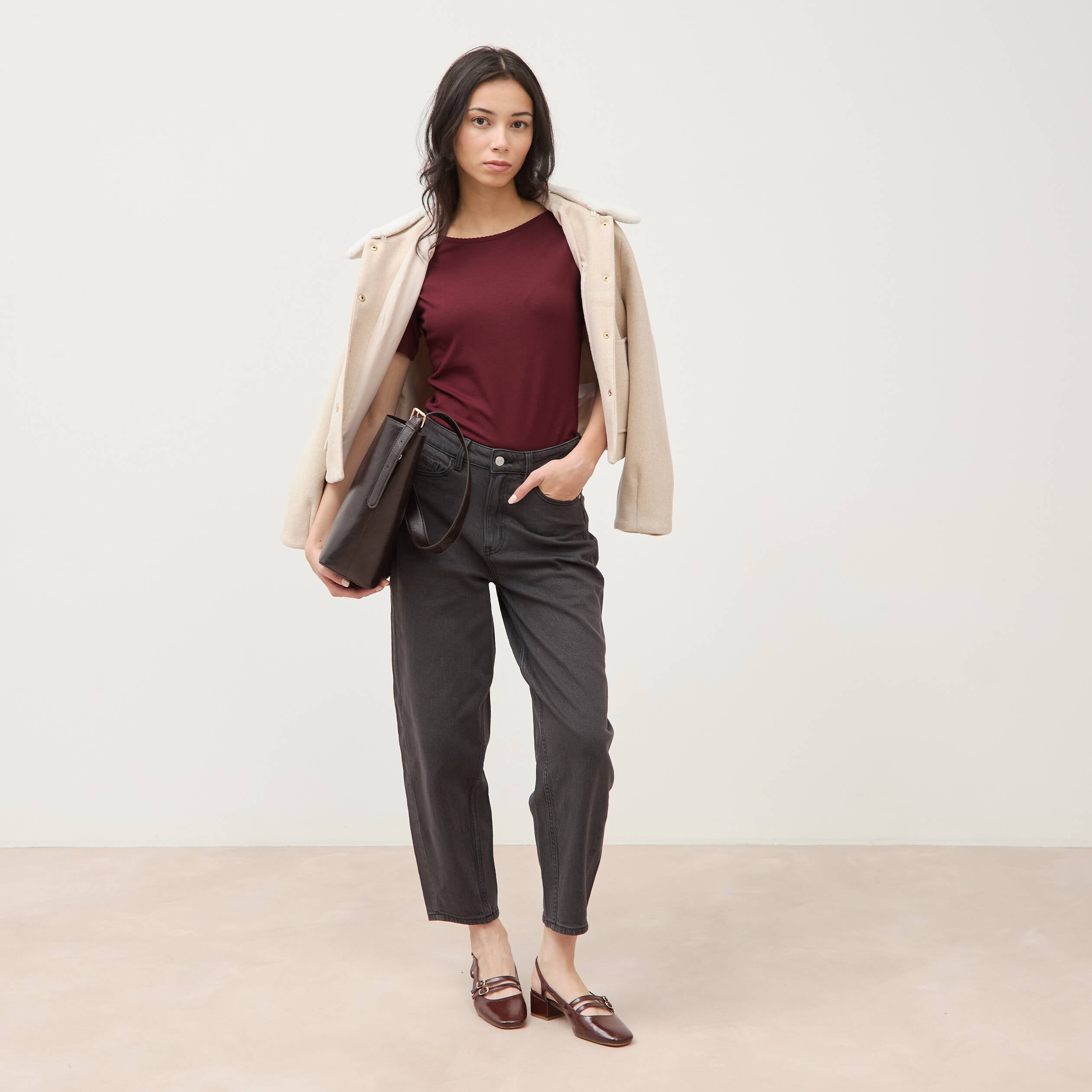 Jeans barrel taille haute 7/8&egrave;me denim gris femme