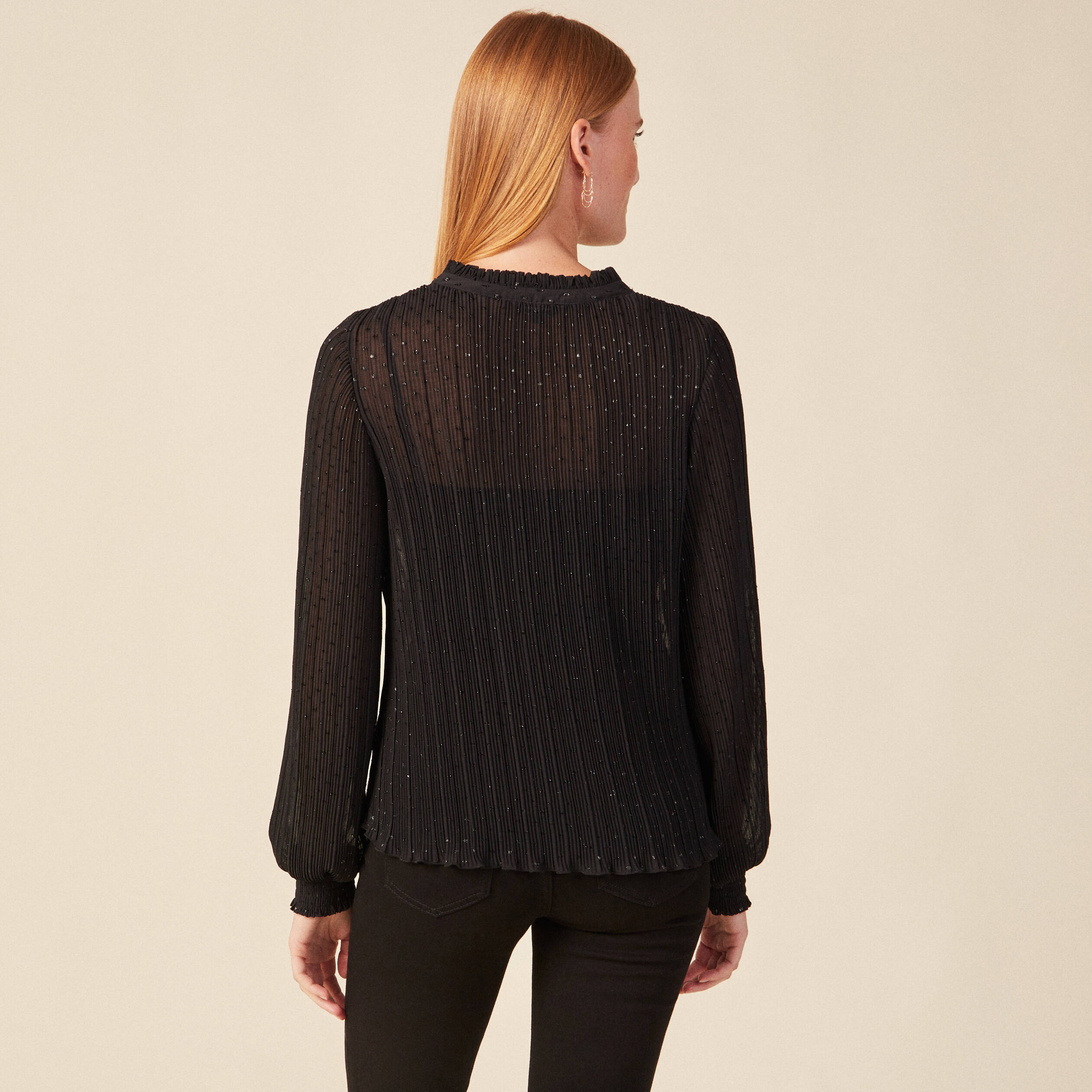 Blouse manches longues plissée noir femme