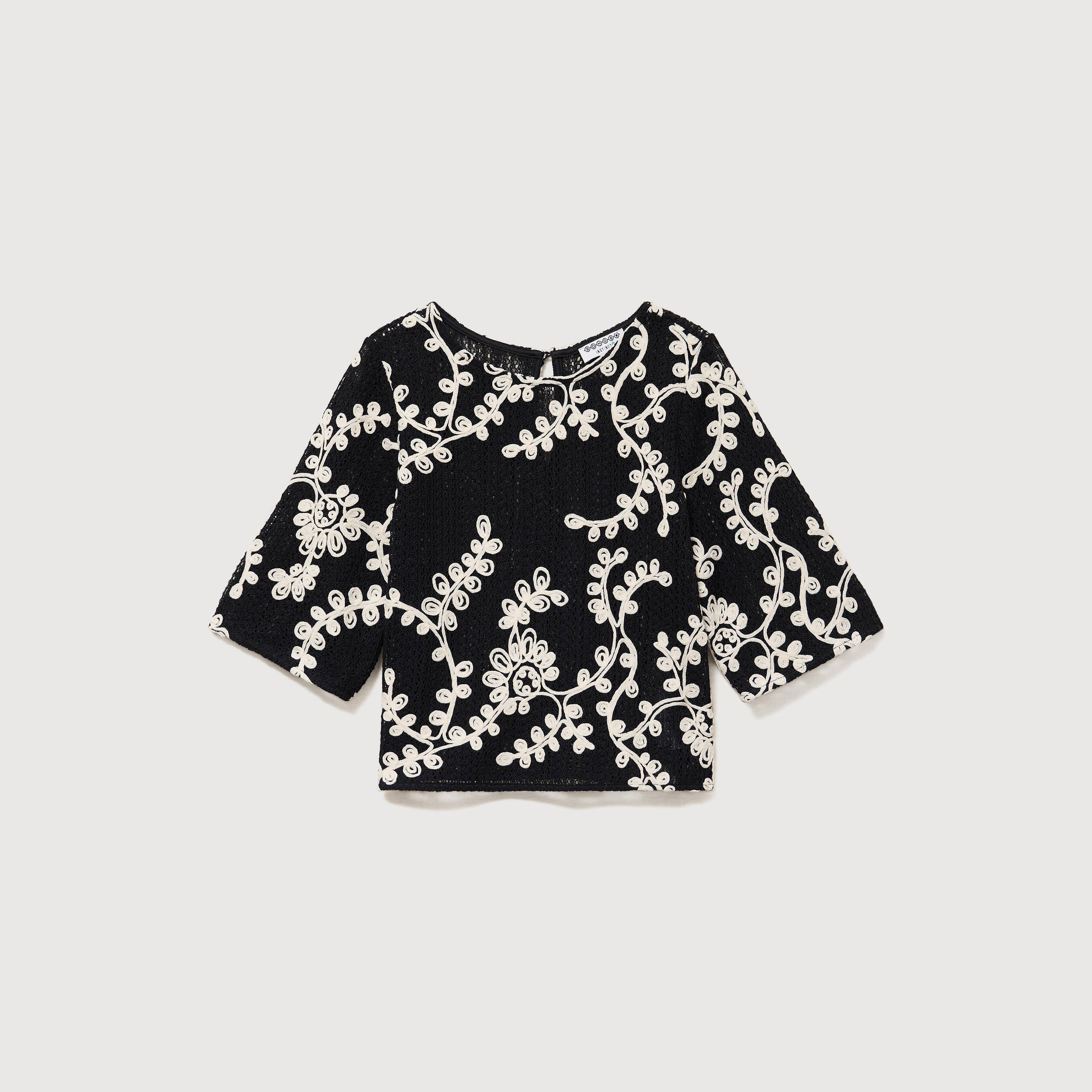 T-shirt brod&eacute; col rond manches 3/4 noir femme