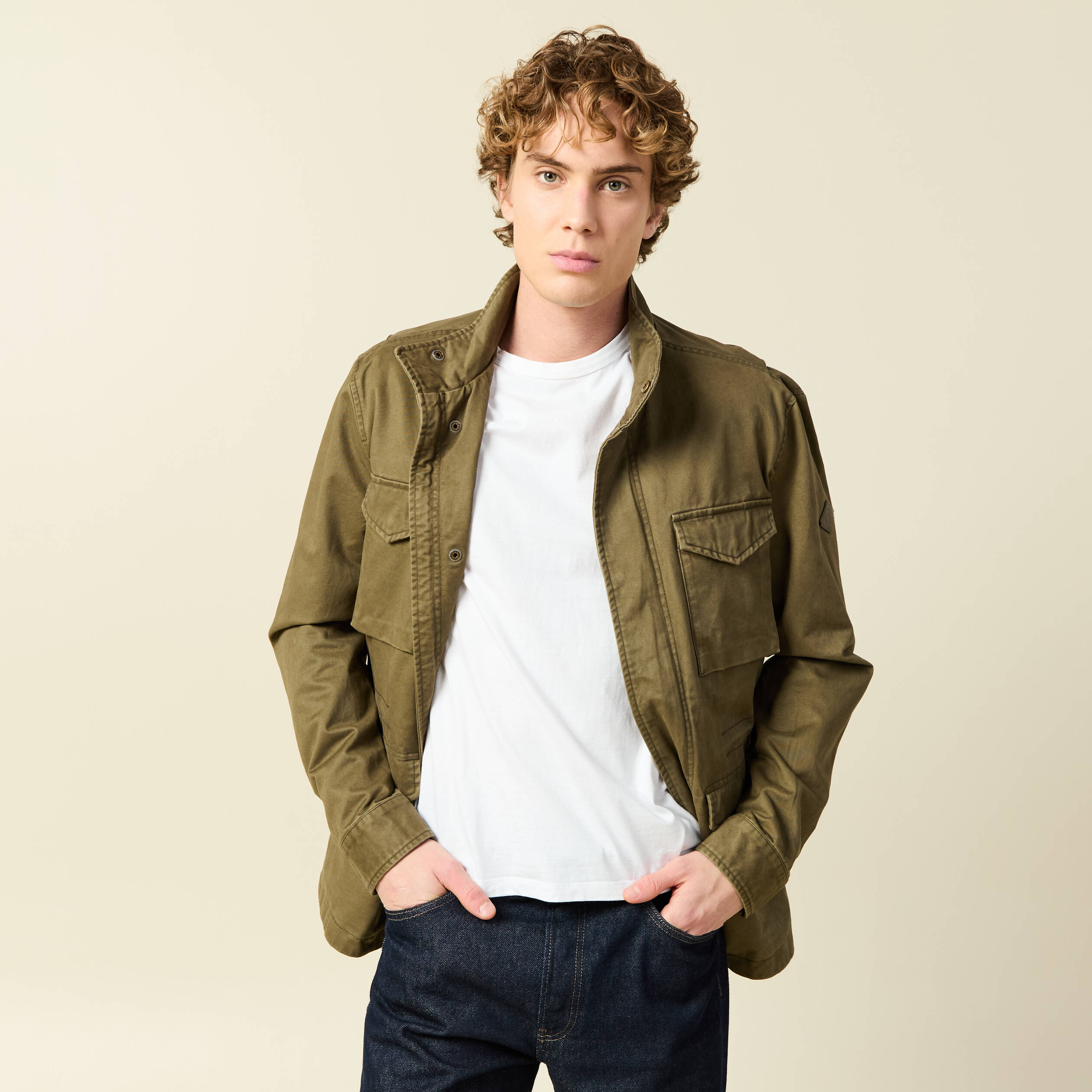 Saharienne col montant manches longues vert kaki homme