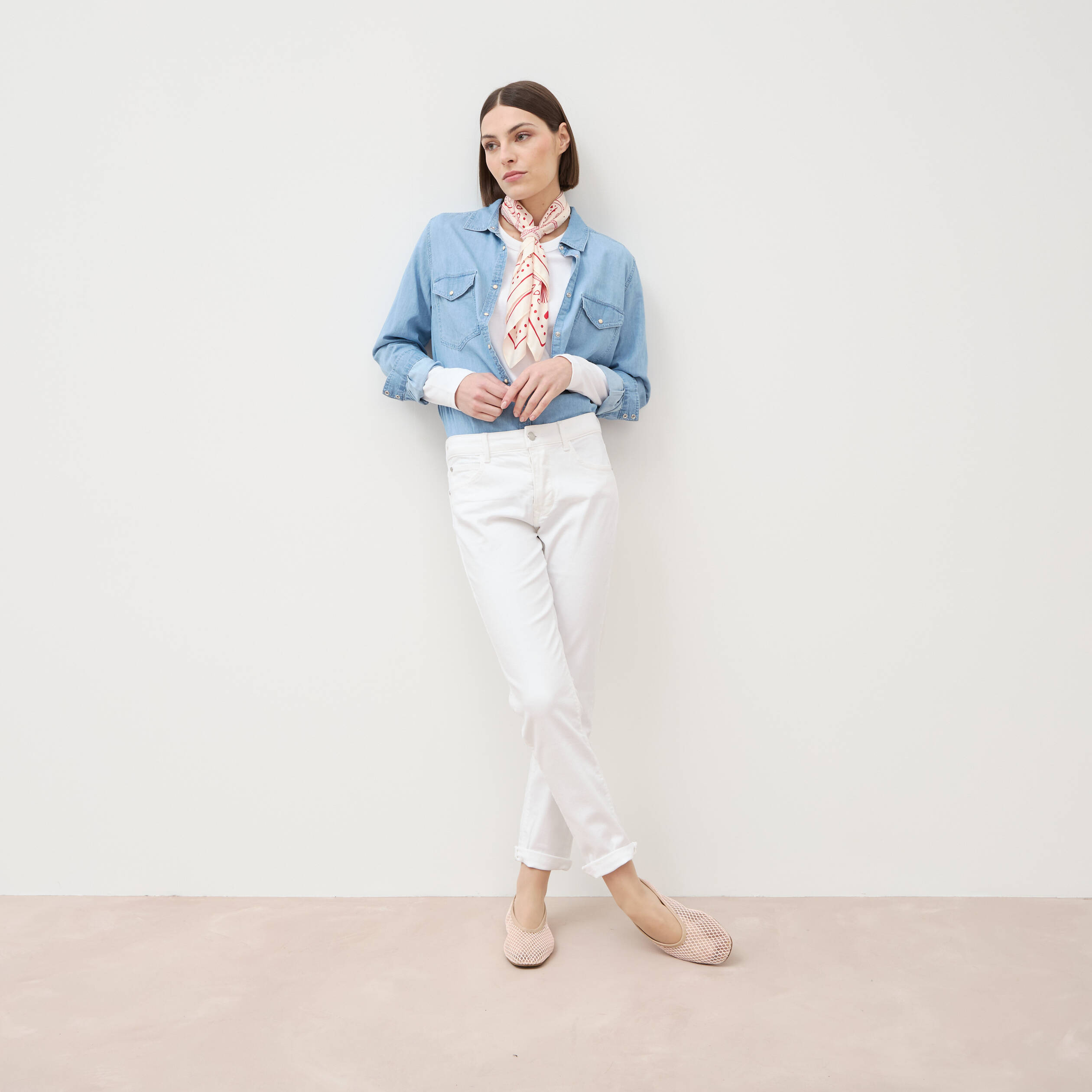 Jeans girlfriend taille haute denim blanc femme