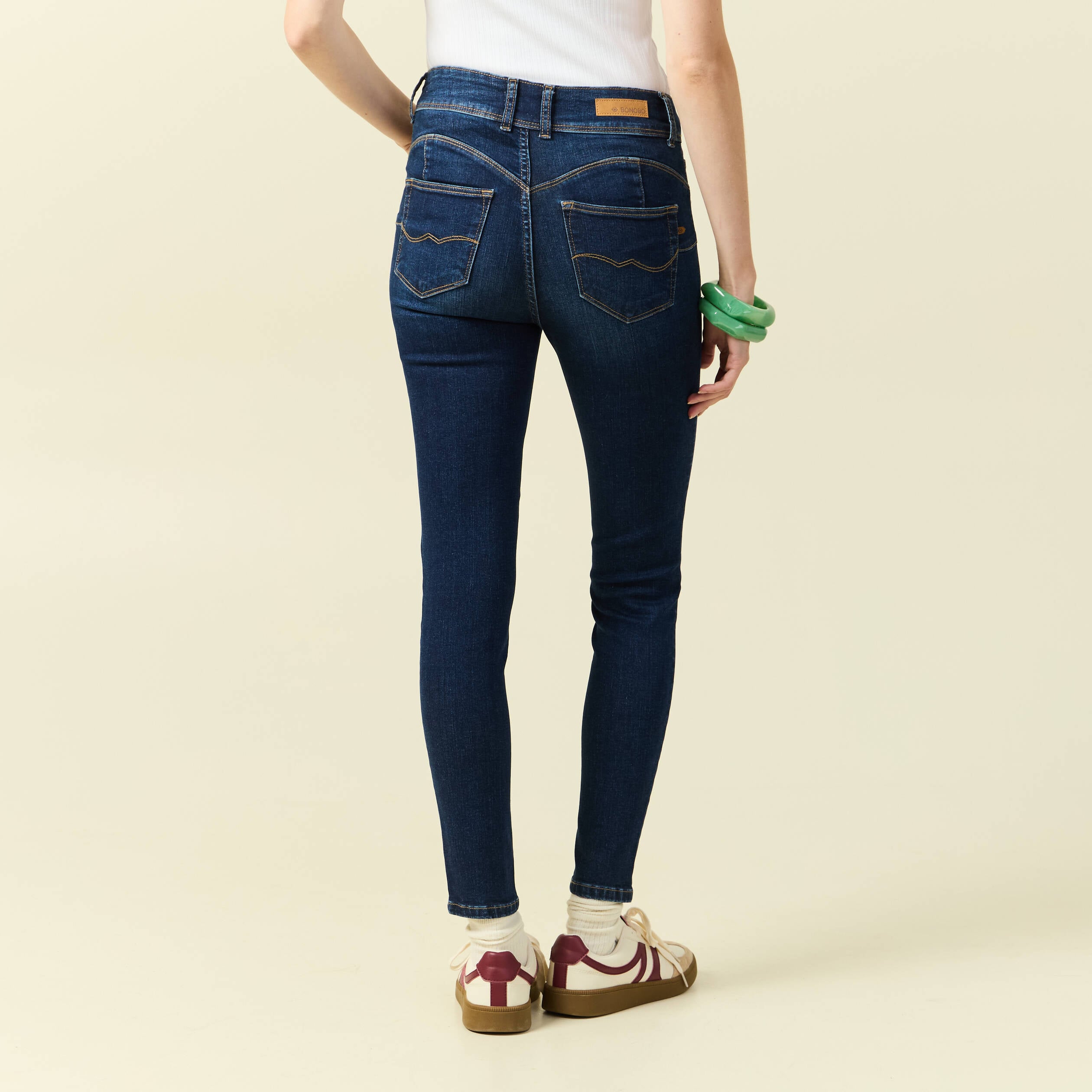 Jeans skinny 7/8&egrave;me taille haute denim brut femme