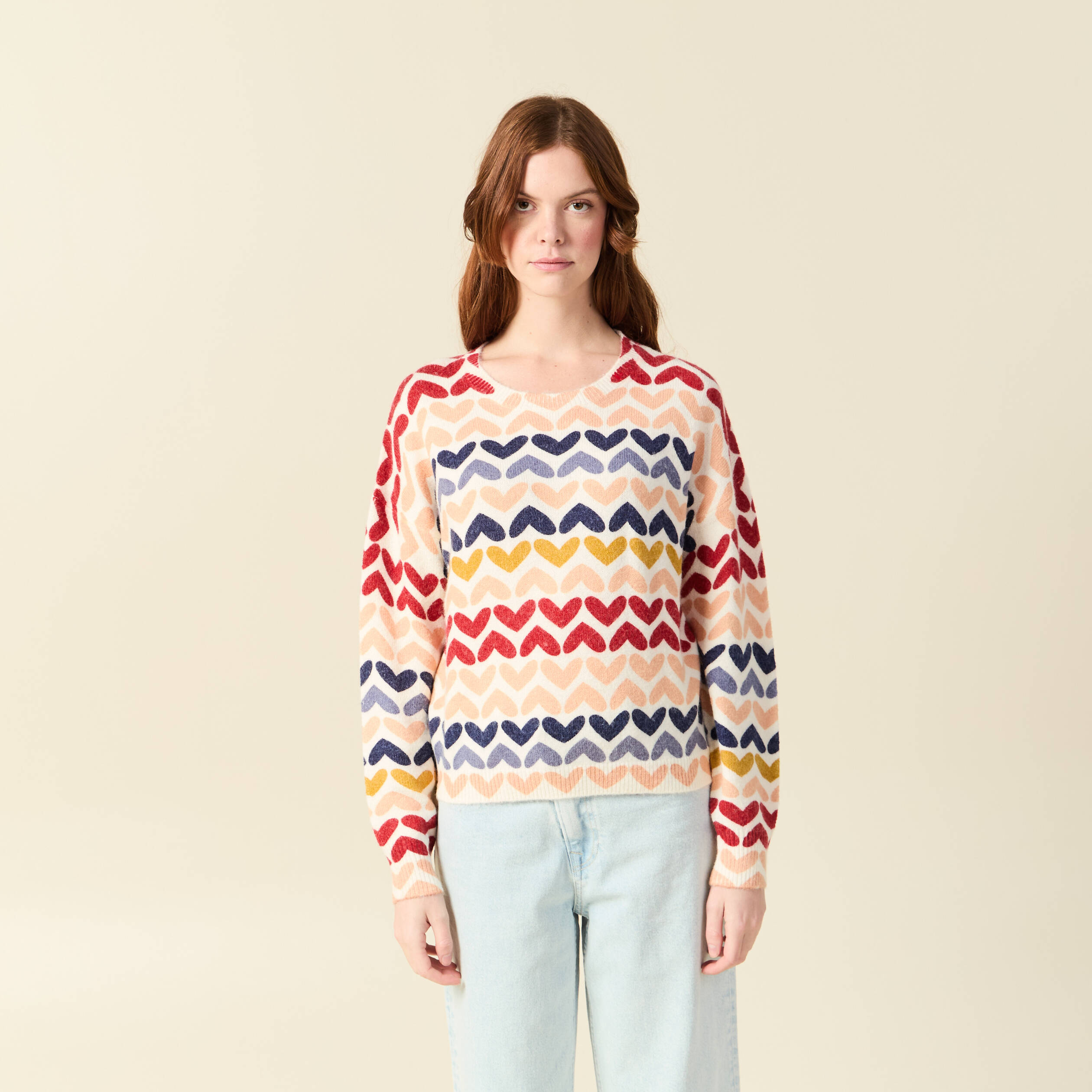 Pull col rond manches longues ecru femme