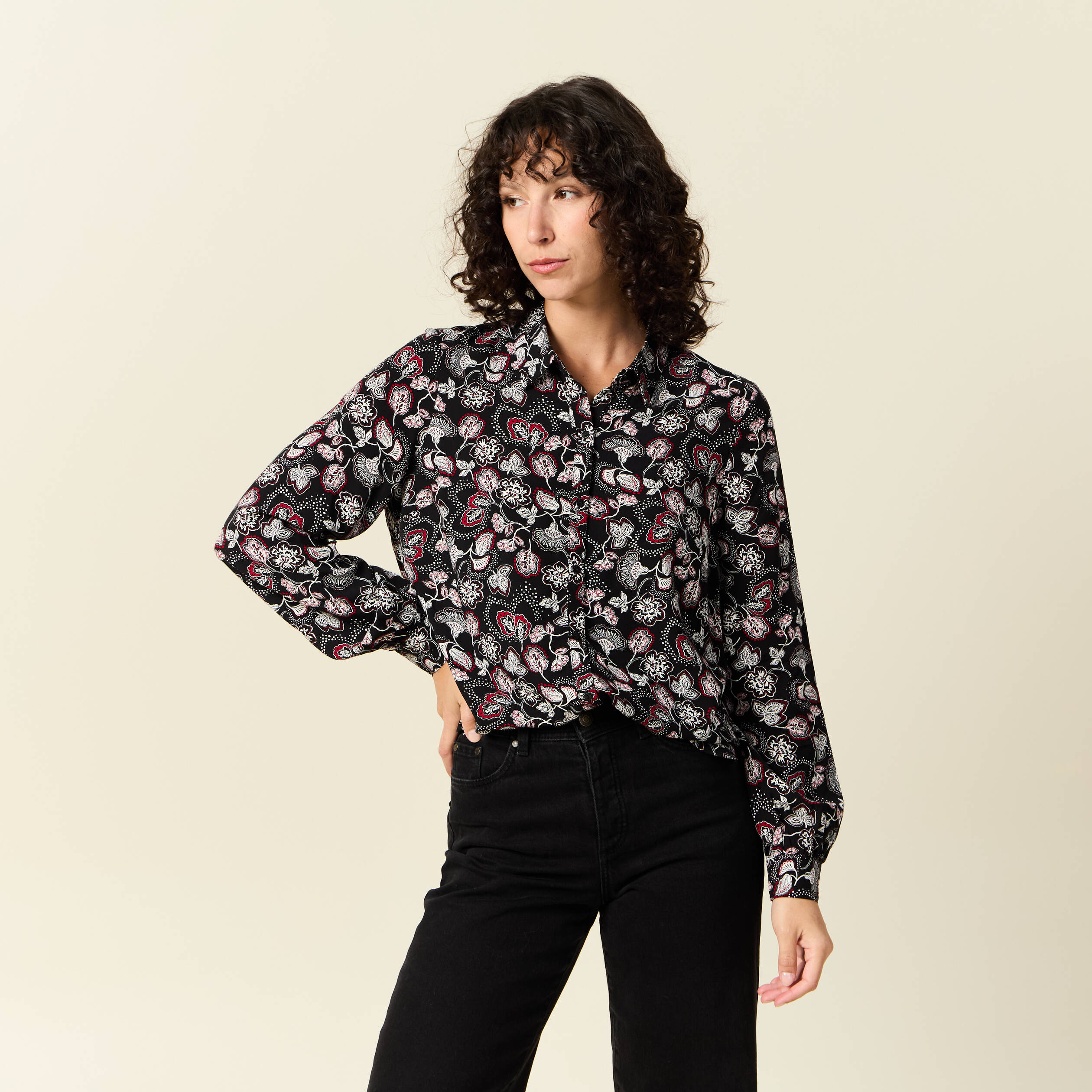 Chemise manches longues fluide noir femme Bonobo