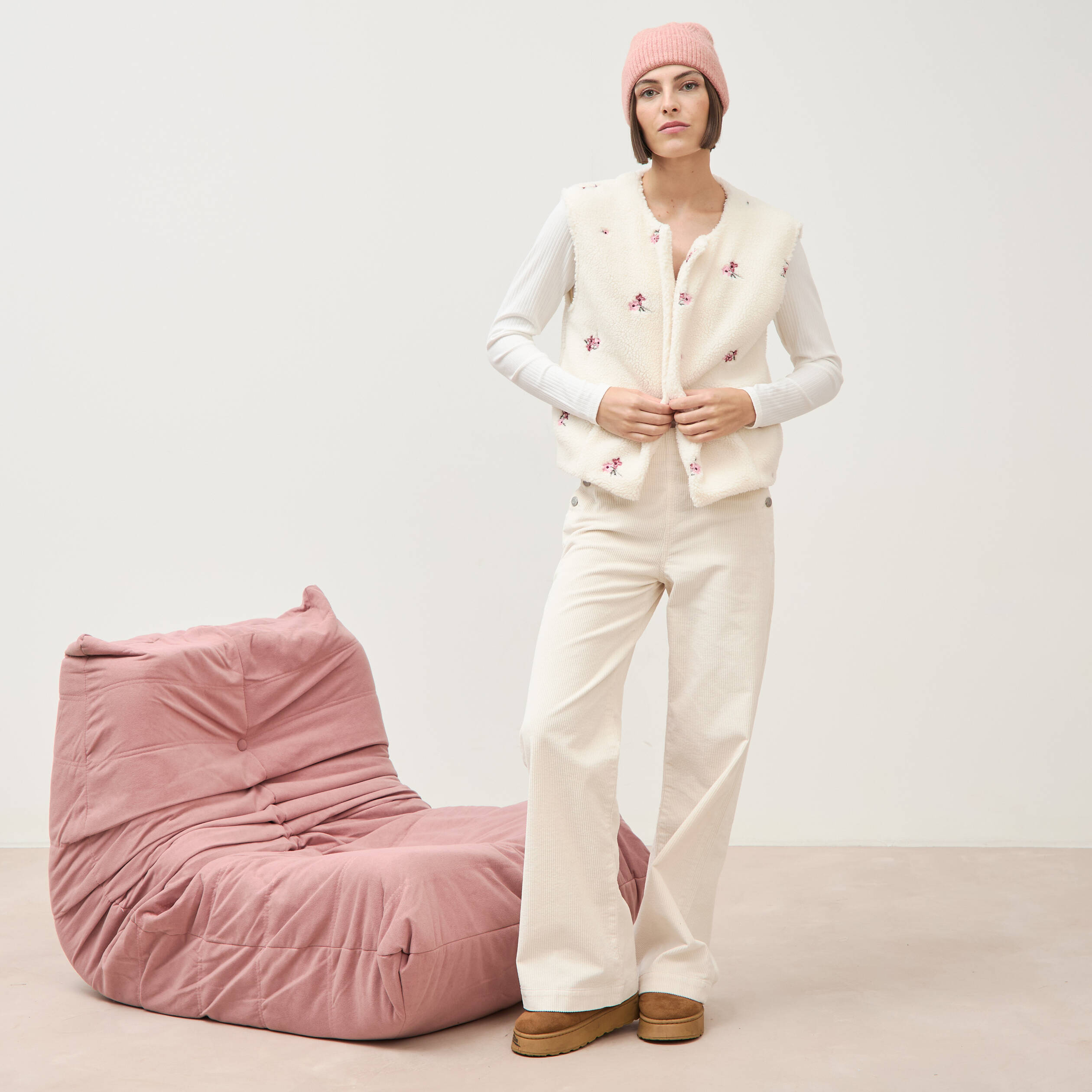 Pantalon large taille haute en velours ivoire femme