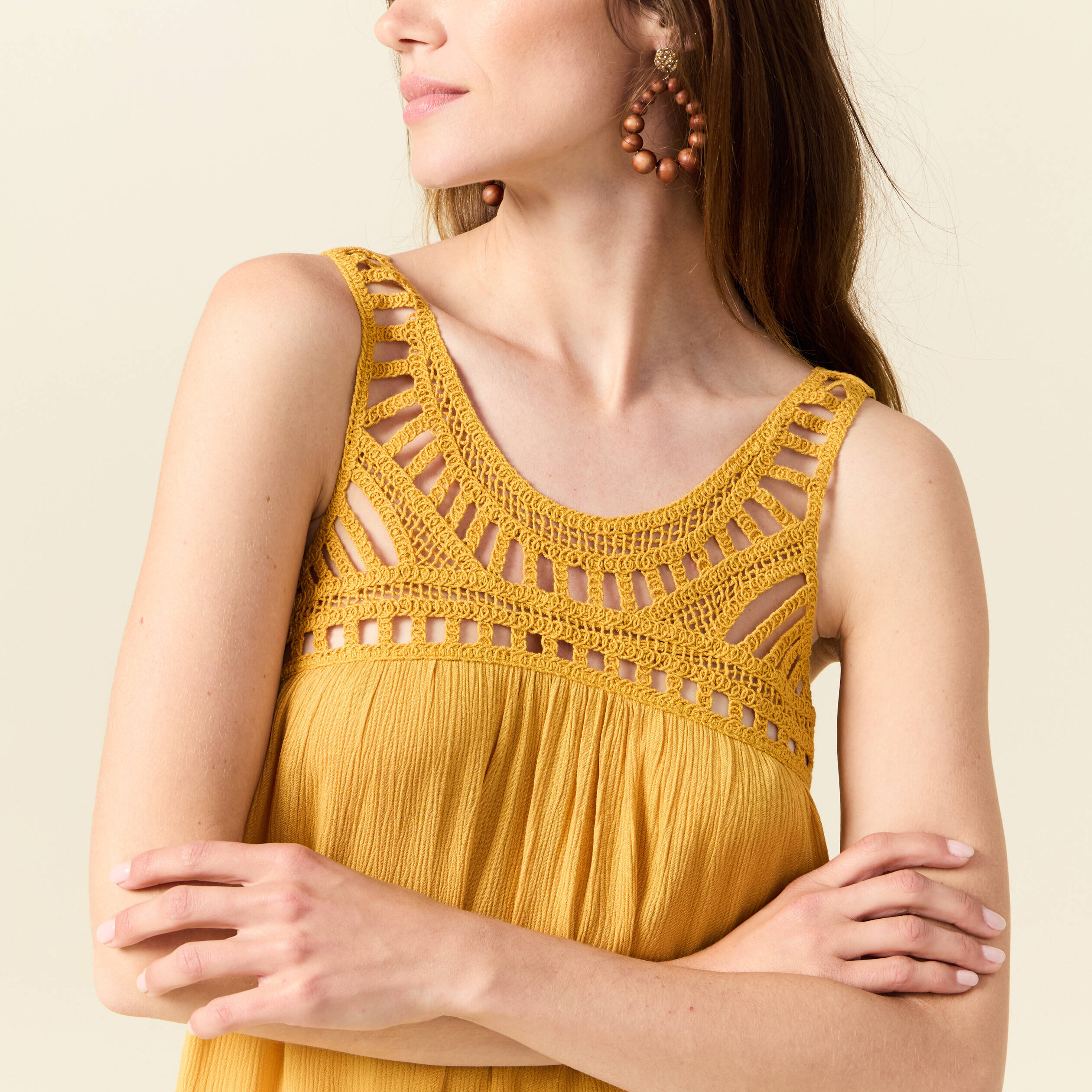 robe evasee poitrine crochet jaune femme Robe évasée poitrine crochet jaune femme