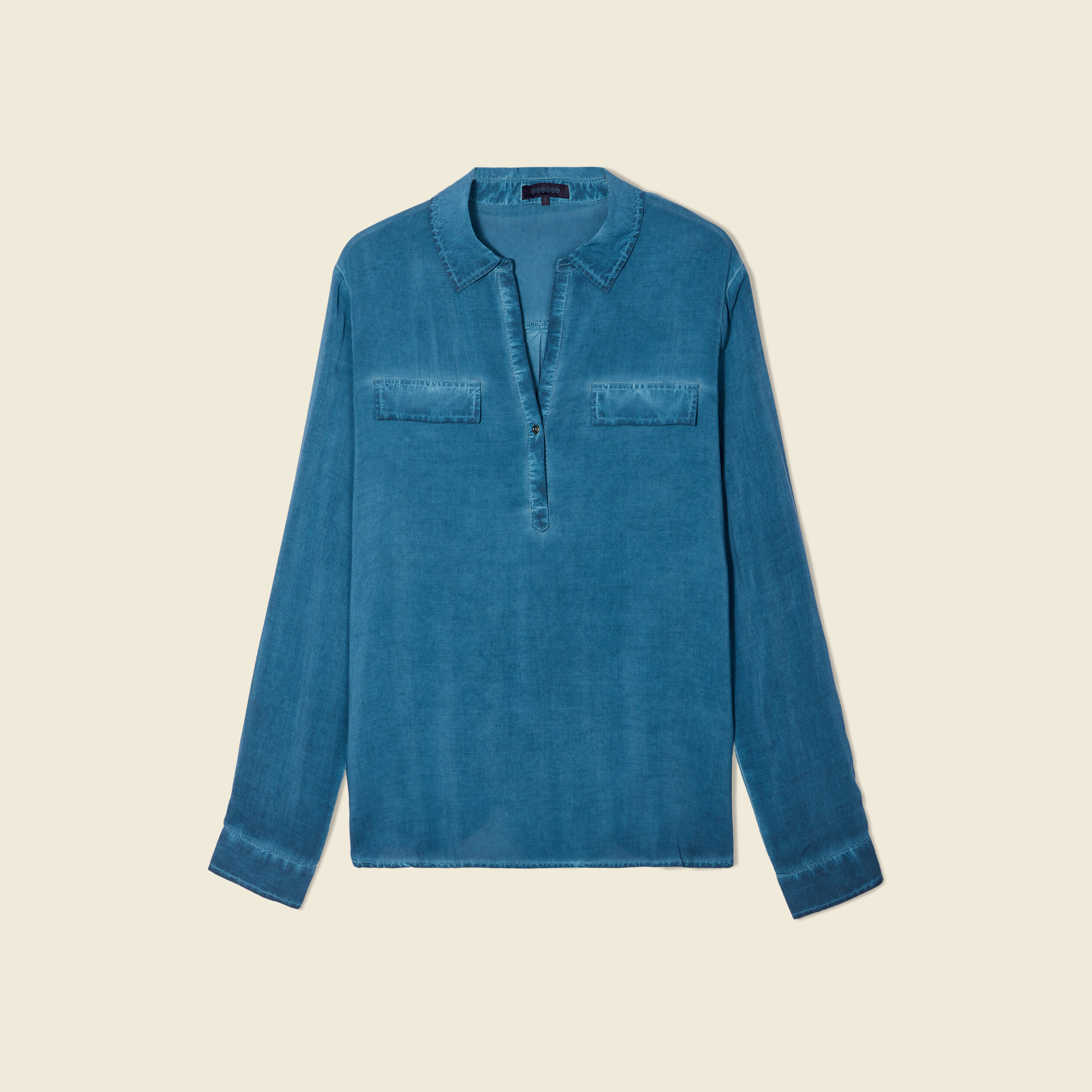Blouse manches longues poches bleu pétrole femme