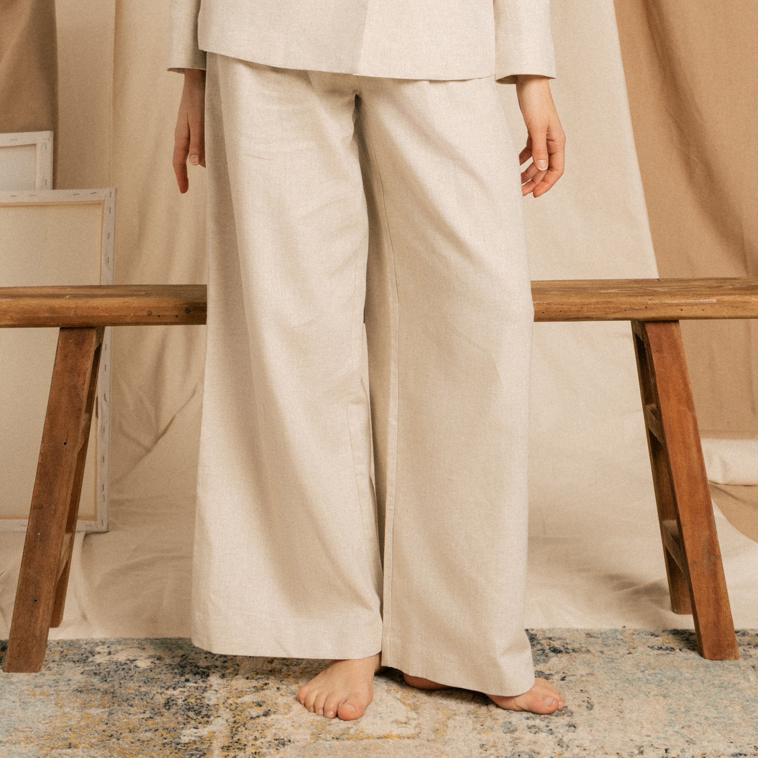 Pantalon large taille haute sable femme