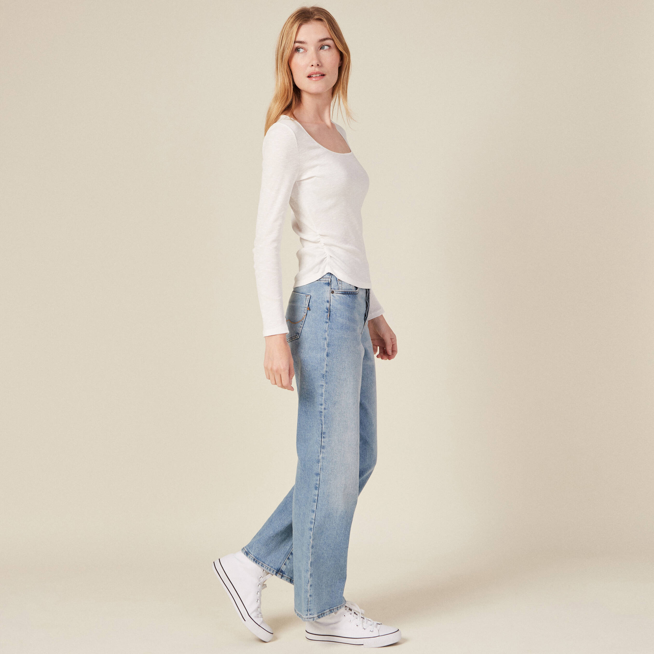 T-shirt manches longues côtelé ecru femme